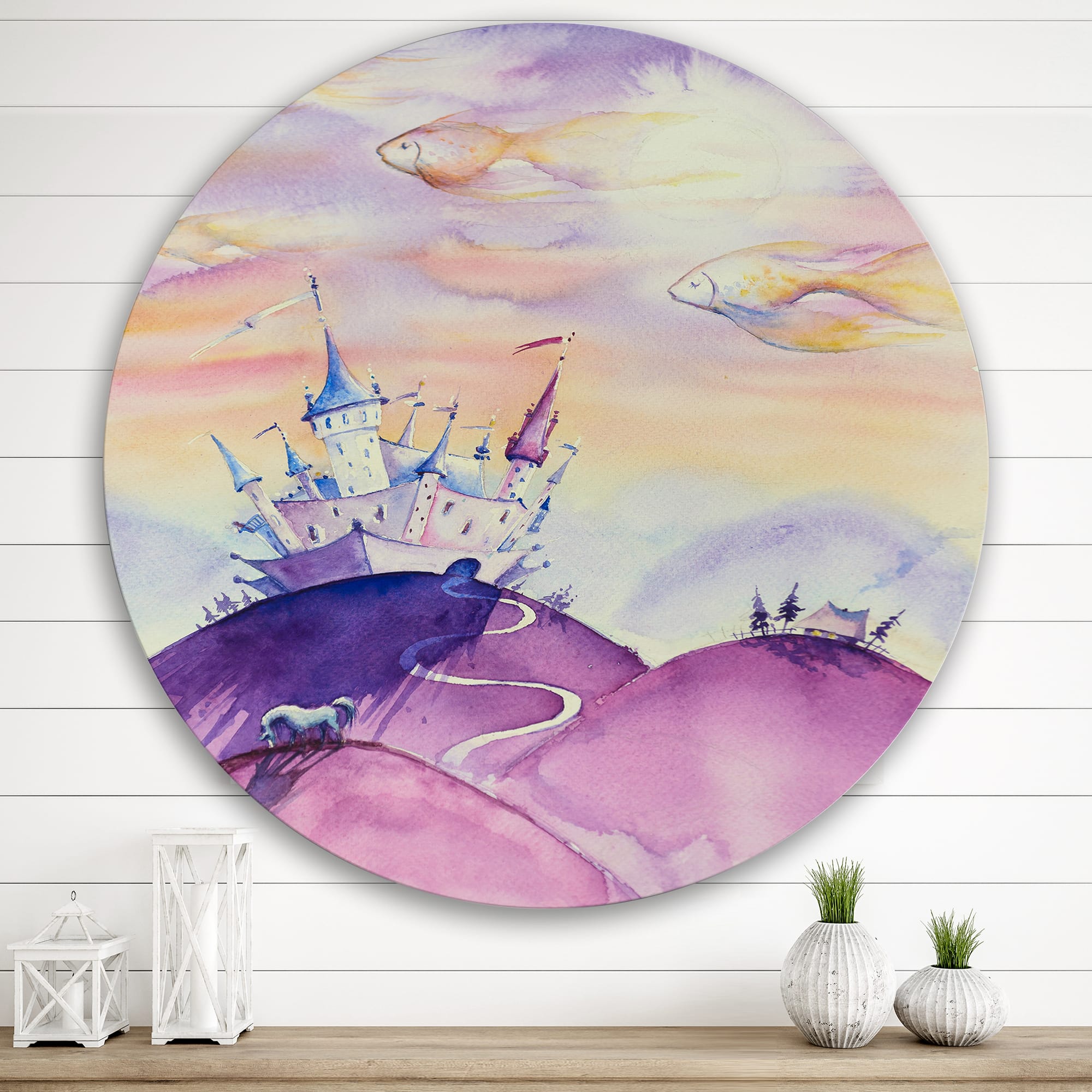 Designart - Fairy Tale Kingdom On Purple Mountain Top - Children's Art Metal Circle Wall Art