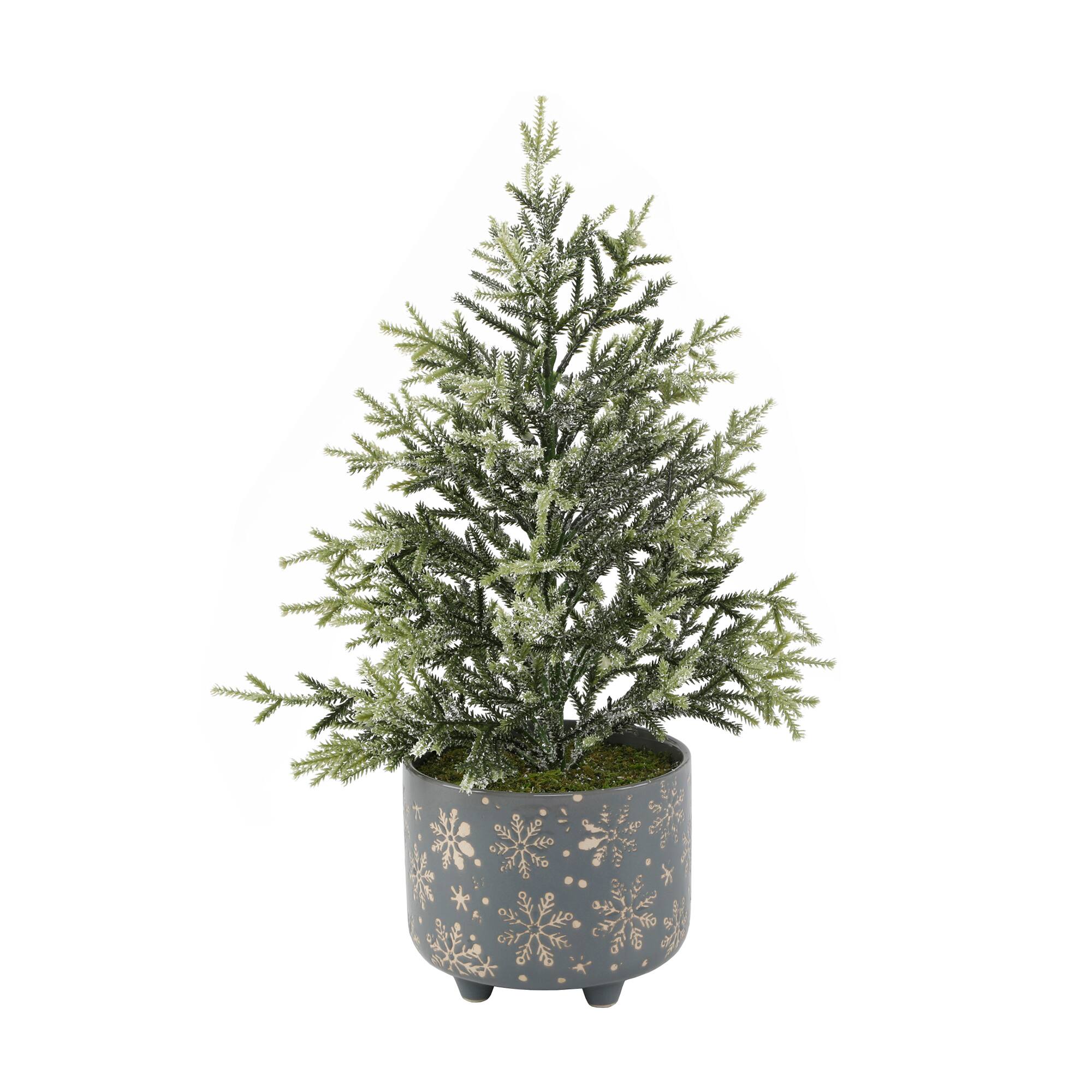 18.5" Unlit Frosted Artificial Christmas tree in Snowflake Ceramic Footed Pot