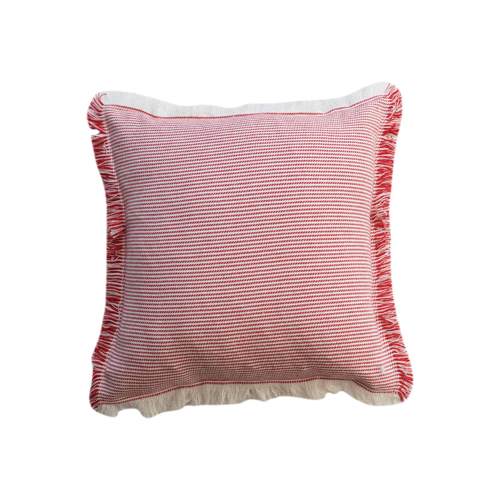 Hello Honey&#xAE; 18&#x22; Red &#x26; White Woven Stripes Throw Pillow with Fringe Edges