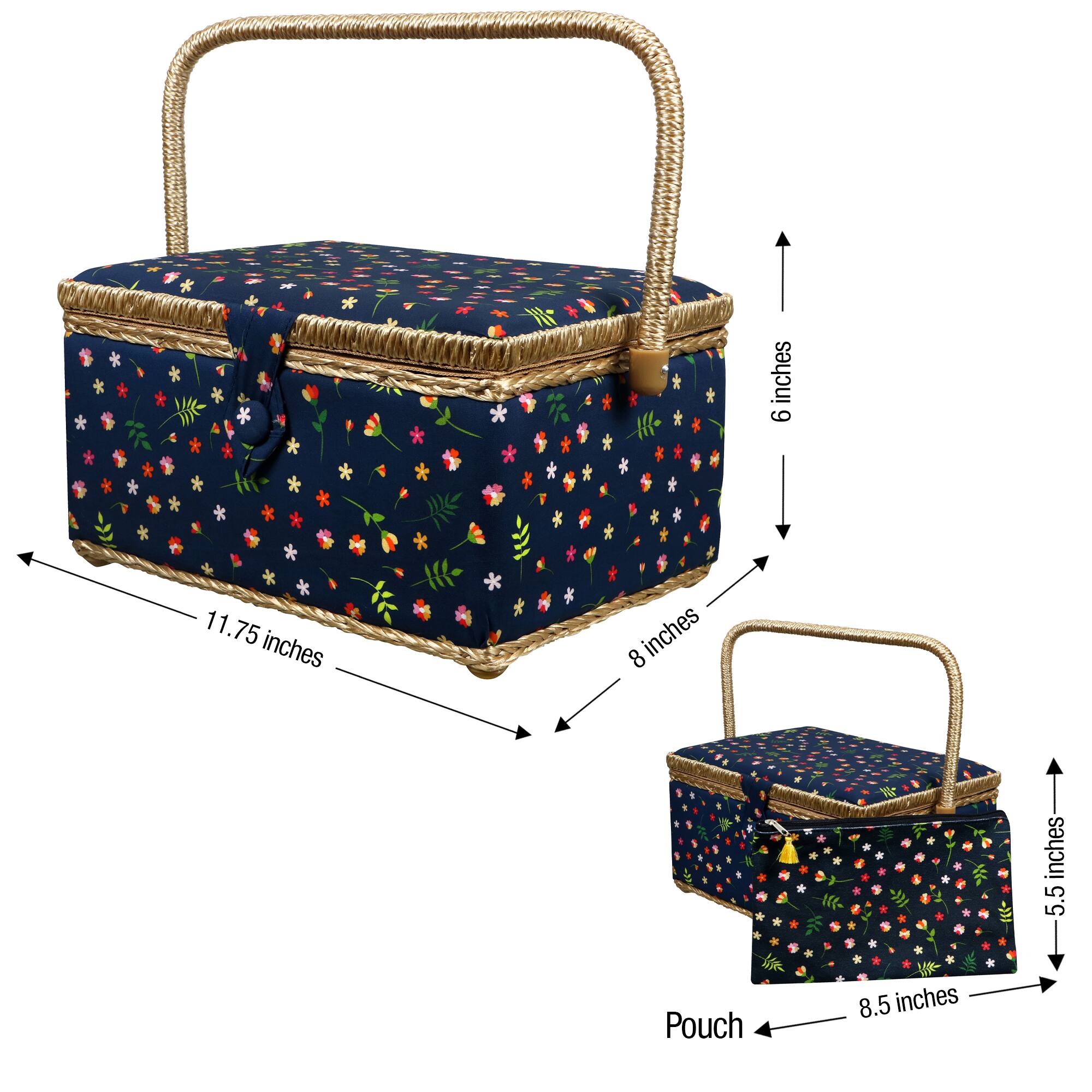 SINGER® Ditsy Floral Print Large Sewing Basket with Matching Zipper Pouch