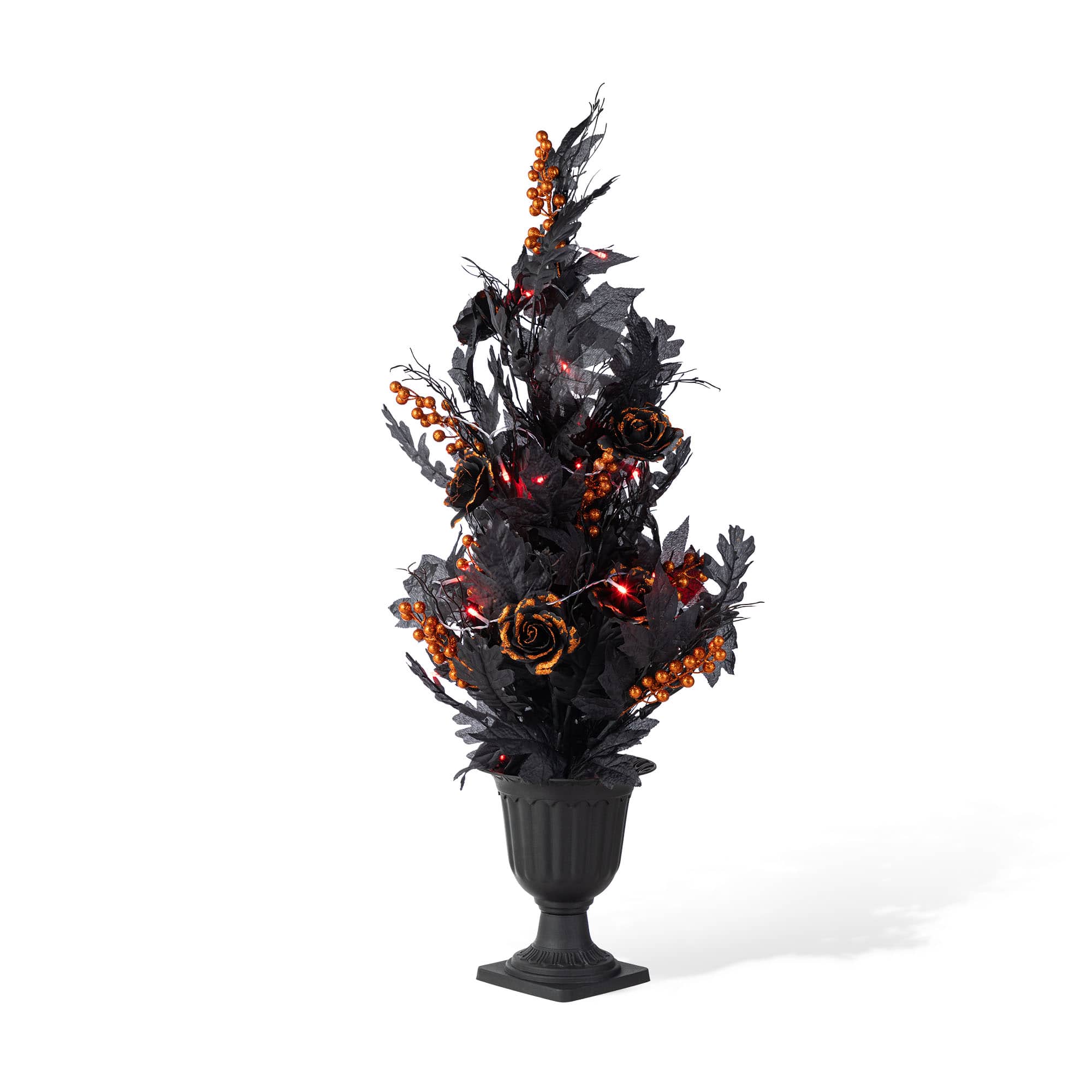 Glitzhome&#xAE; 36&#x22;H Halloween Lighted Black Rose with Orange Glitter Urn Porch Tree with Timer