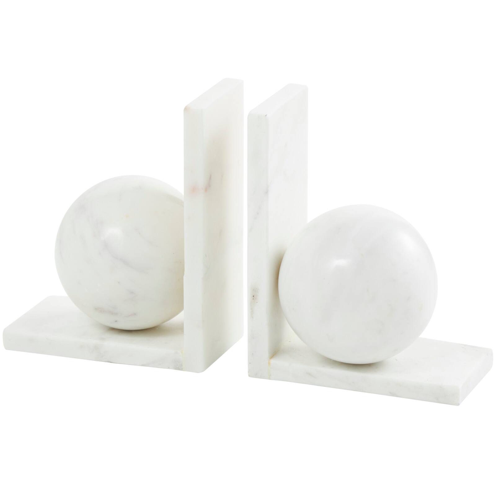 7" White Marble Sleek Orb Geometric Bookends with L-Shaped Bases Set