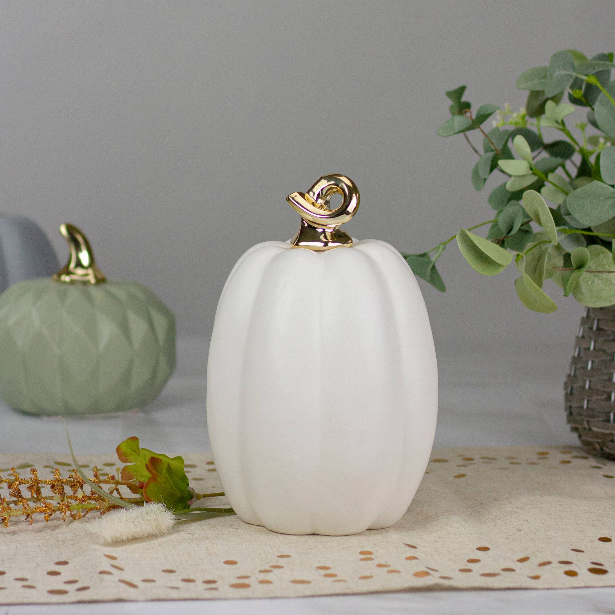 8&#x22; White &#x26; Gold Fall Harvest Ceramic Pumpkin Decoration