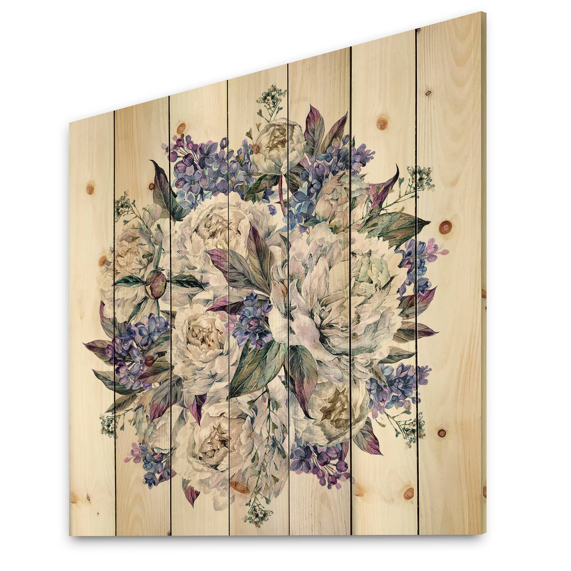 Designart - Bouquet Peonies In White and Blue - Traditional Print on Natural Pine Wood