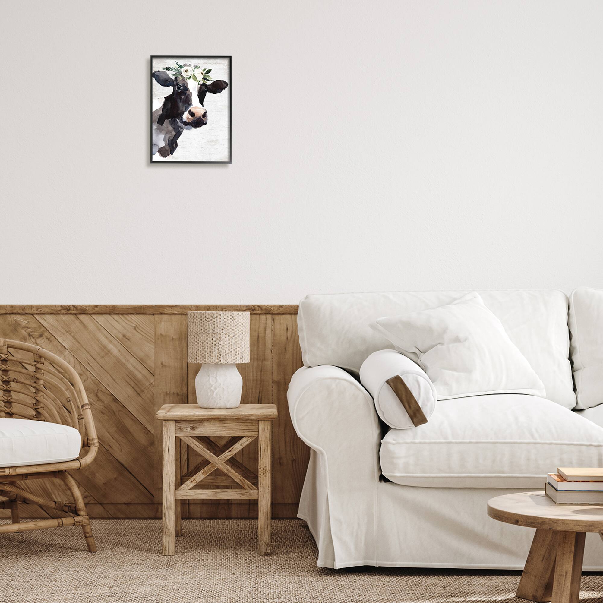 Stupell Industries Dairy Farm Cow Boho Floral Crown Charming Animal Framed Wall Art