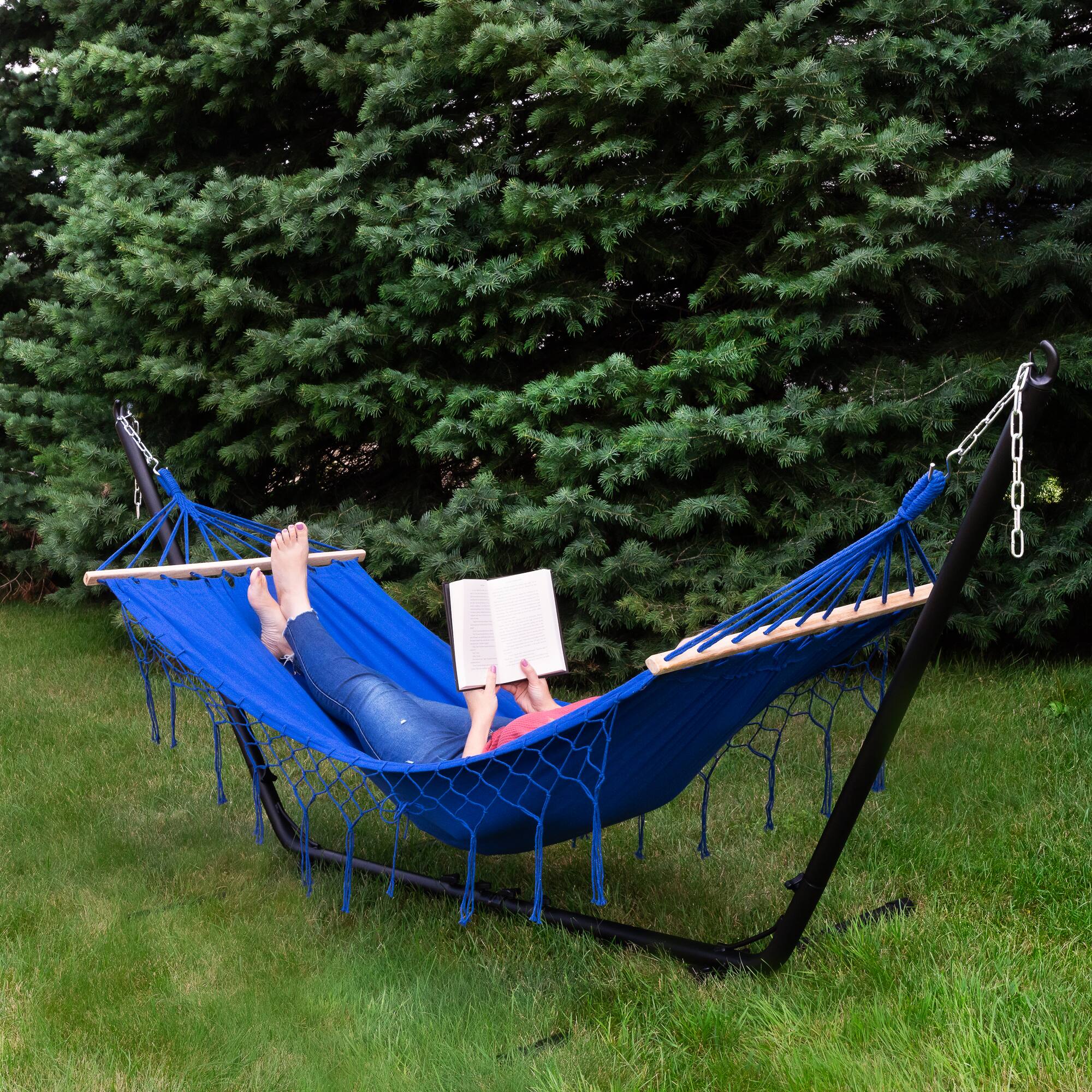 100&#x22; x 41&#x22; Hammock with Netted Fringe &#x26; Wooden Bars