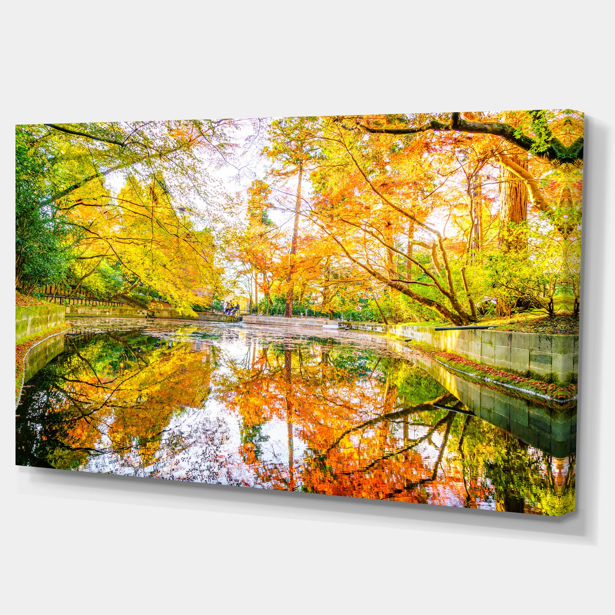 Designart - Bright Fall Forest with River - Landscape Canvas Art Print