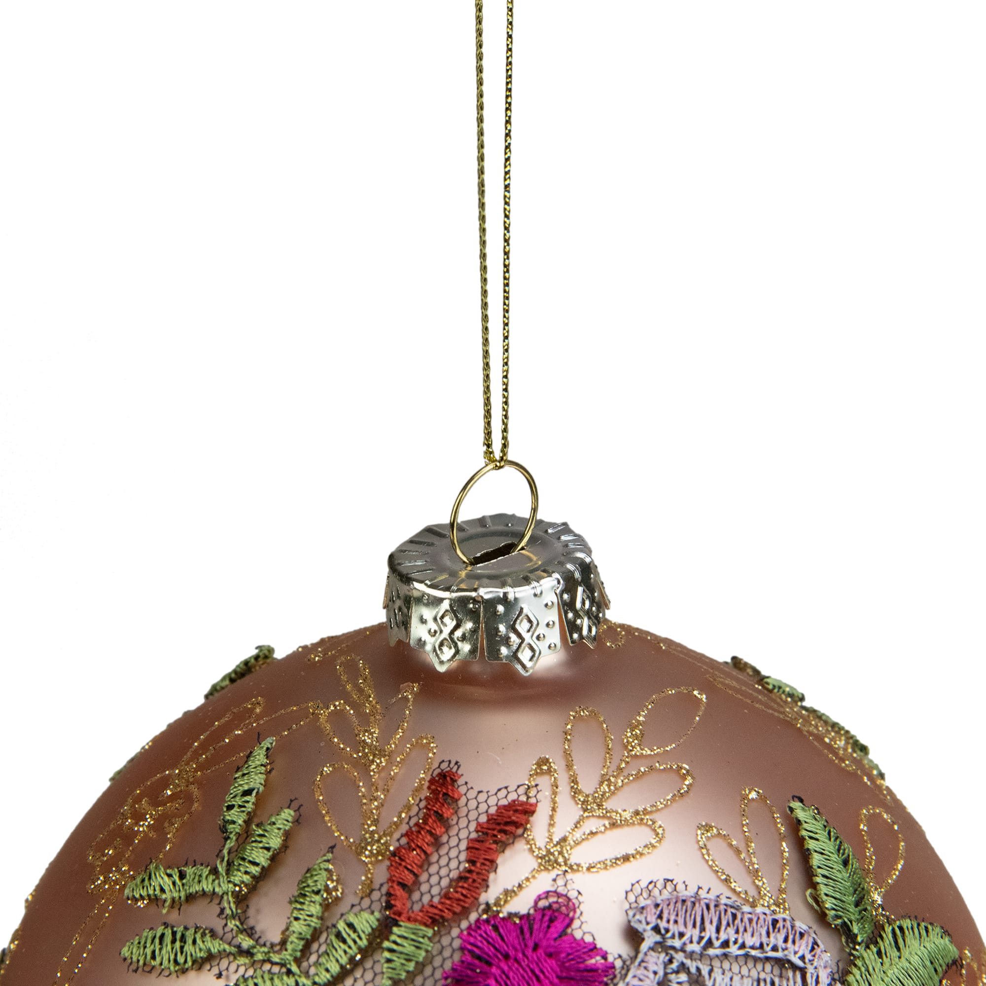 4.5&#x22; Pink Floral Applique Glass Ball Ornament