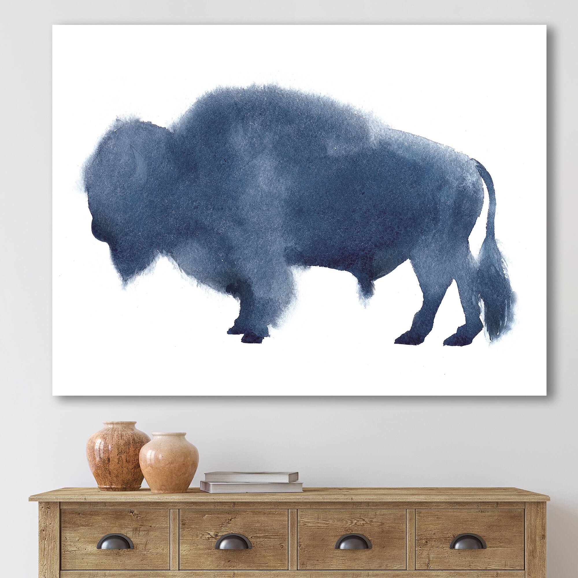 Designart - Navy Blue Bison Silhouette - Farmhouse Canvas Wall Art Print