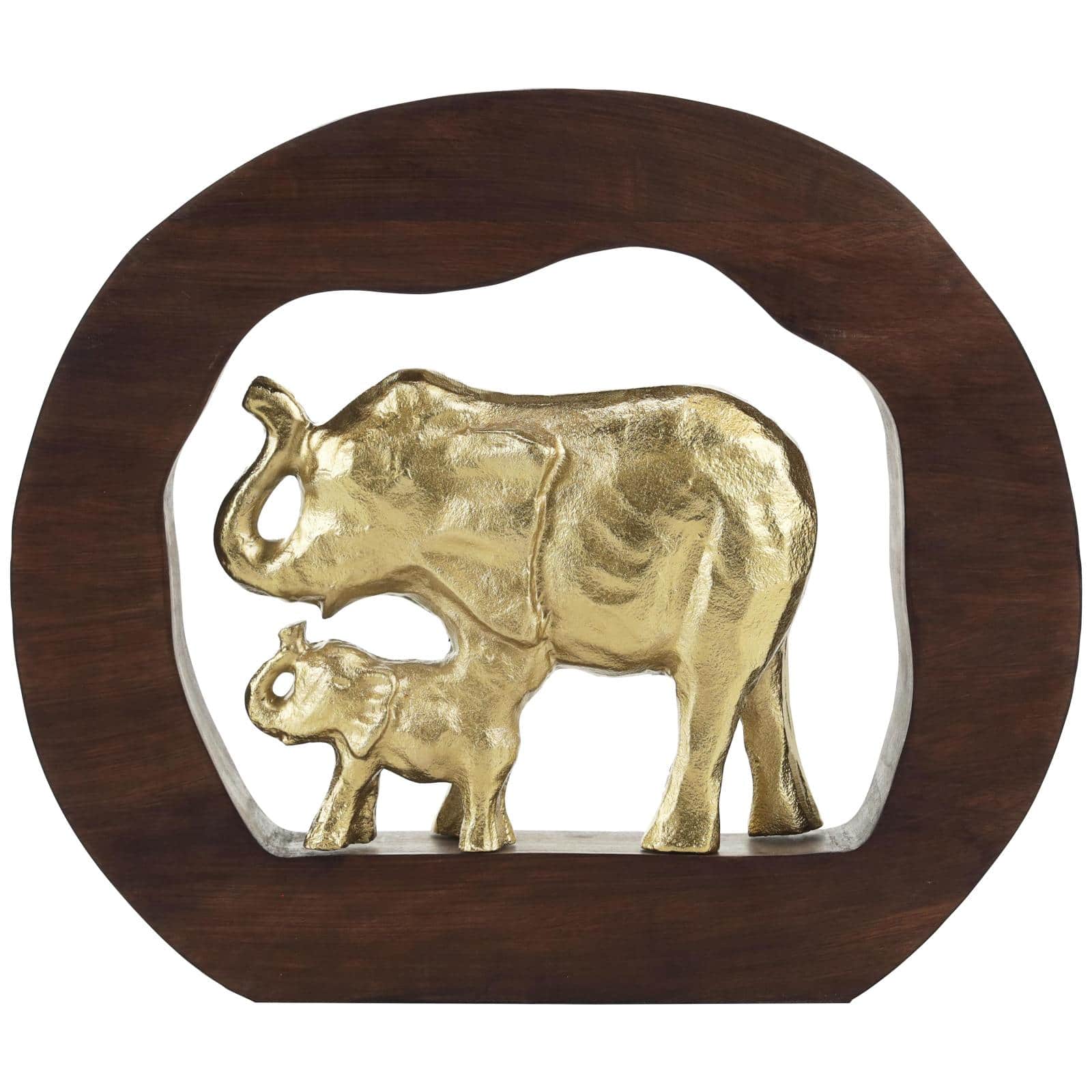 13.5" Gold Metal Elephant Sculpture with Brown Frame
