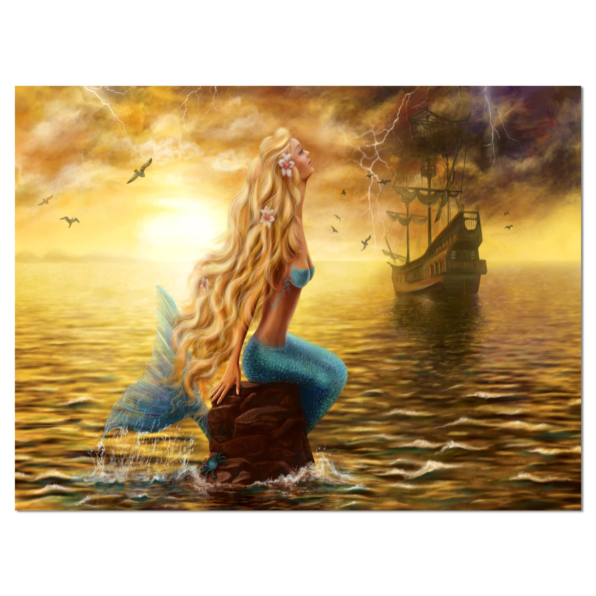 Designart - Sea Mermaid with Ghost Ship - Seascape Canvas Art Print