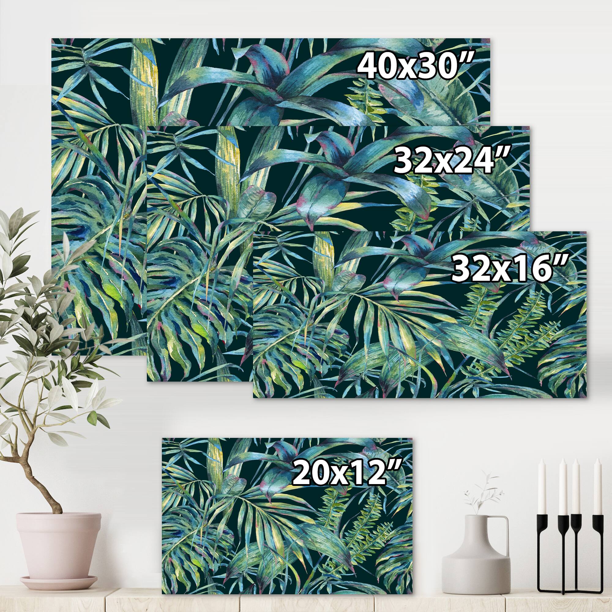 Designart - Natural Leaves Exotic On Dark I - Tropical Canvas Wall Art Print