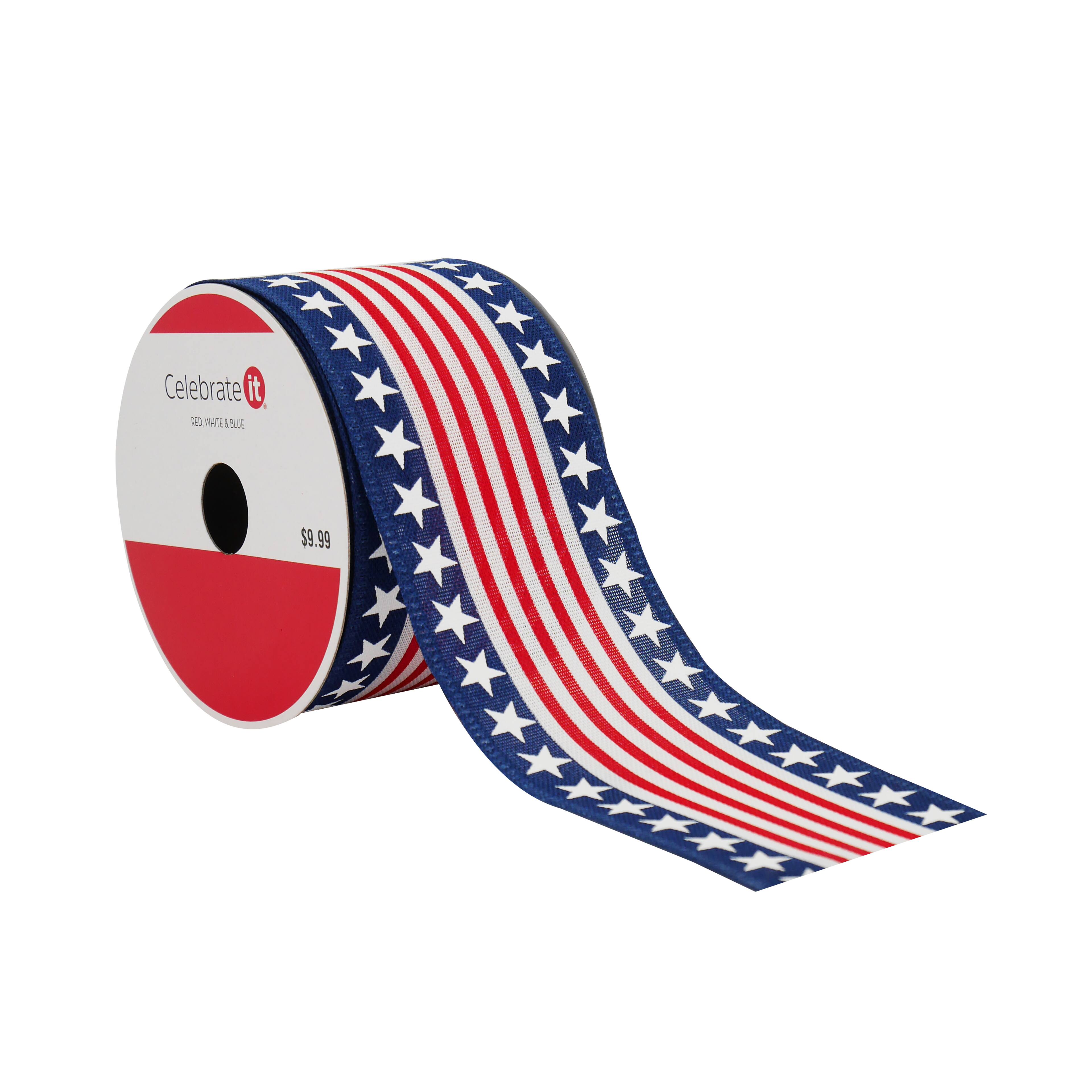 2.5&#x22; x 20ft. Stars &#x26; Stripes Wired Faux Linen Ribbon by Celebrate It&#xAE; Red, White &#x26; Blue