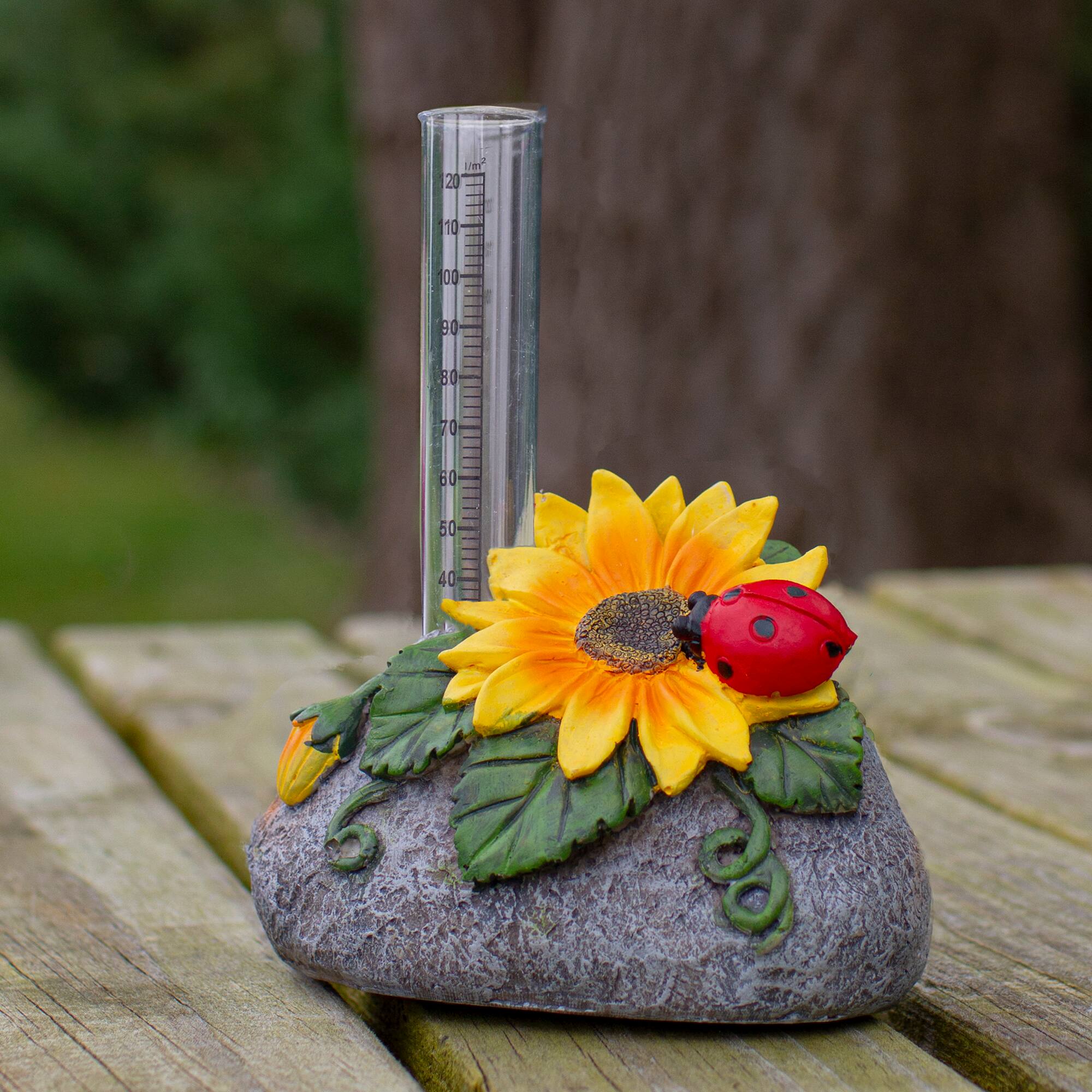 7&#x22; Sunflower &#x26; Ladybug Rock Garden Rain Gauge