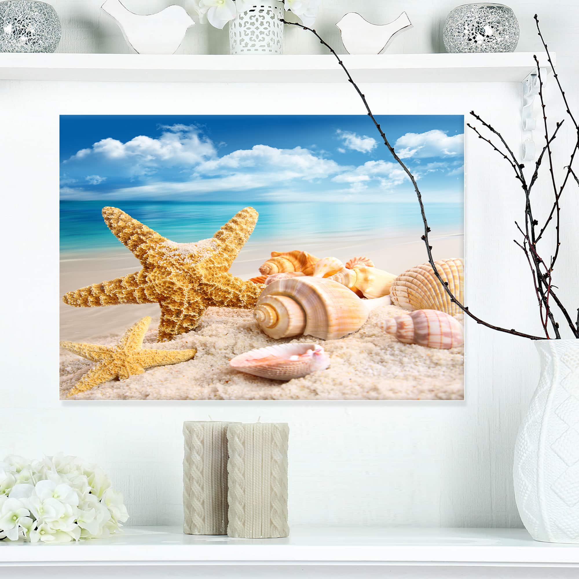 Designart - Starfish and Seashells on Beach - Seashore Photo Canvas Art Print