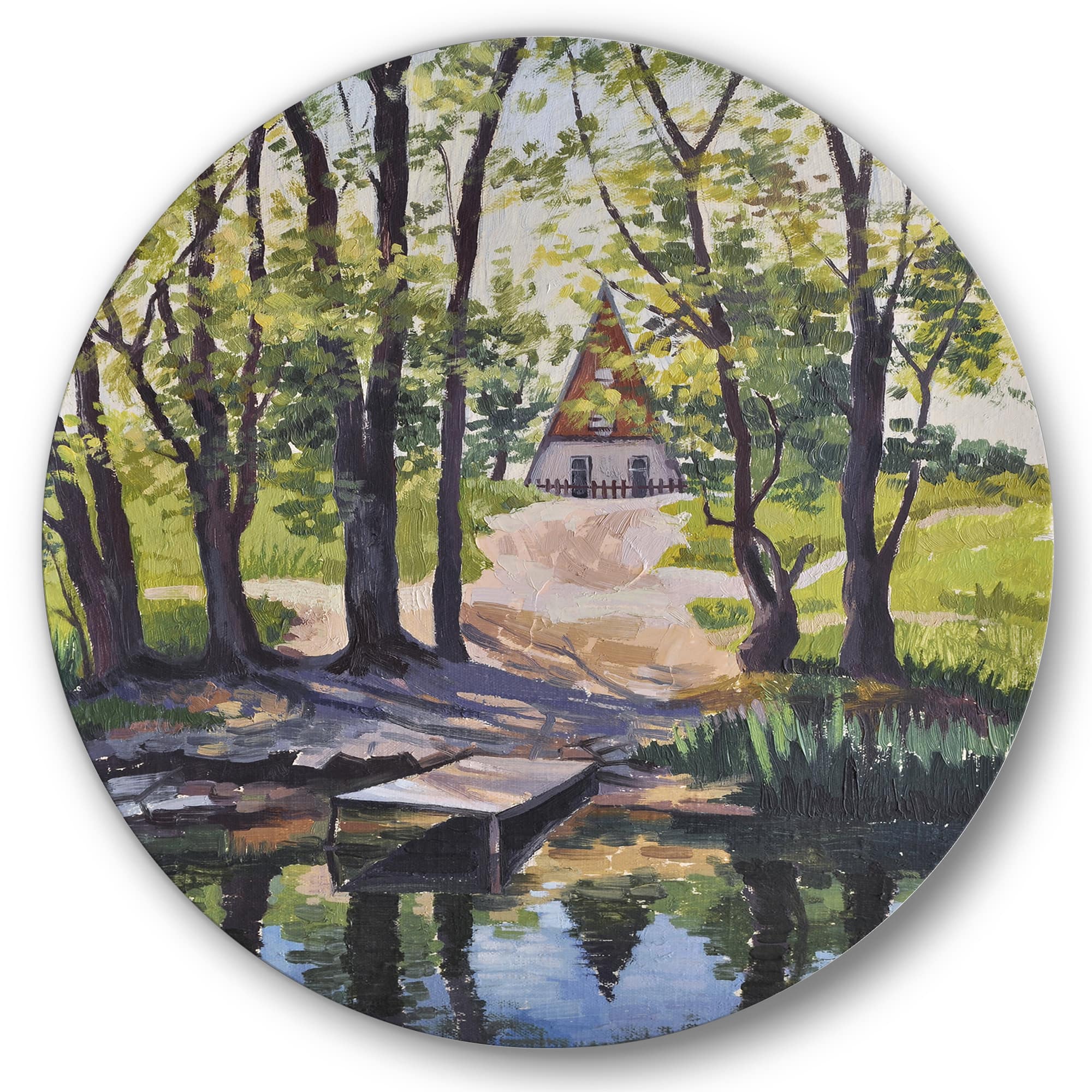 Designart - Mysterious House By The River In The Woods - Lake House Metal Circle Wall Art