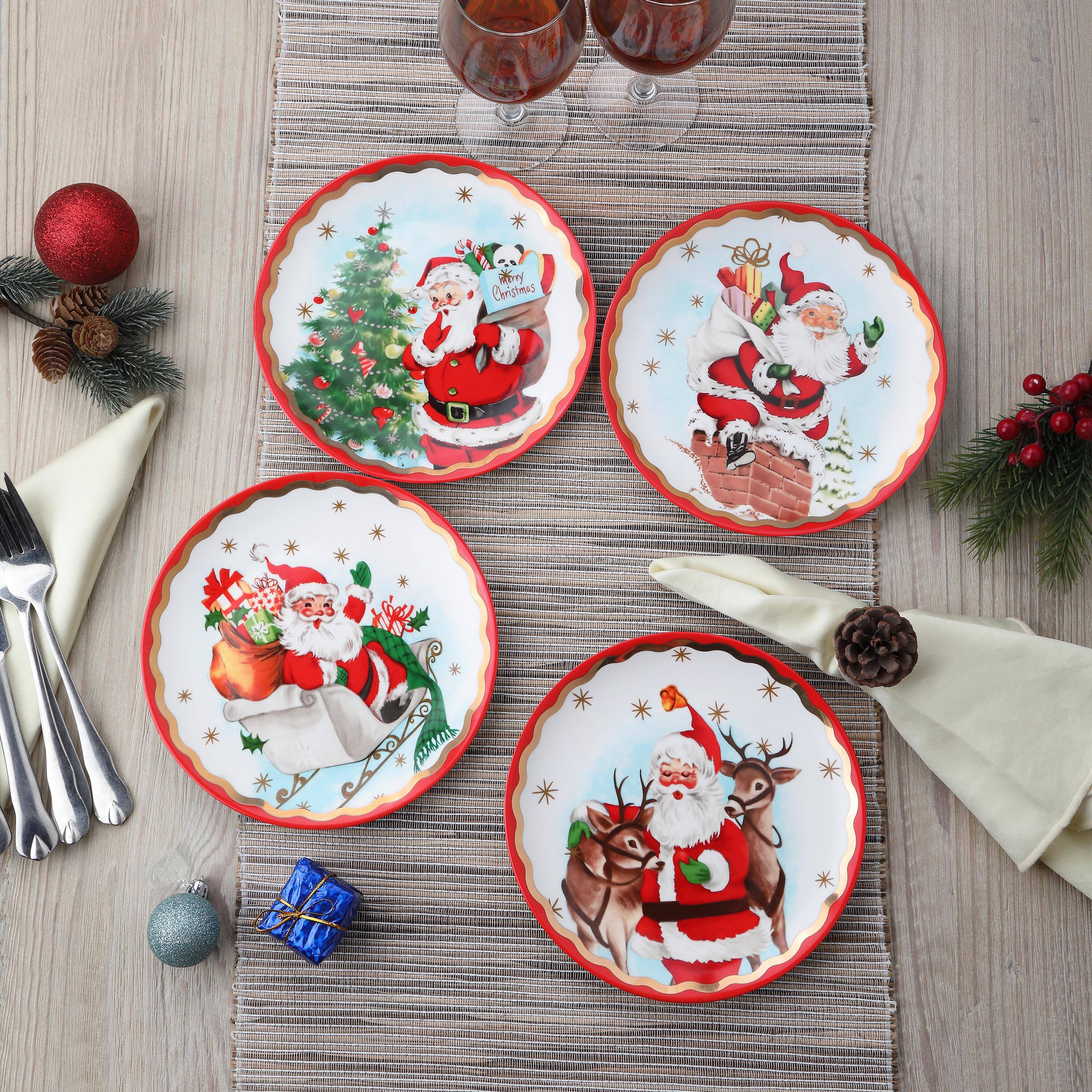 90th Anniversary Collection 8" Gold & Red Trimmed Ceramic Santa Plates, 4ct.