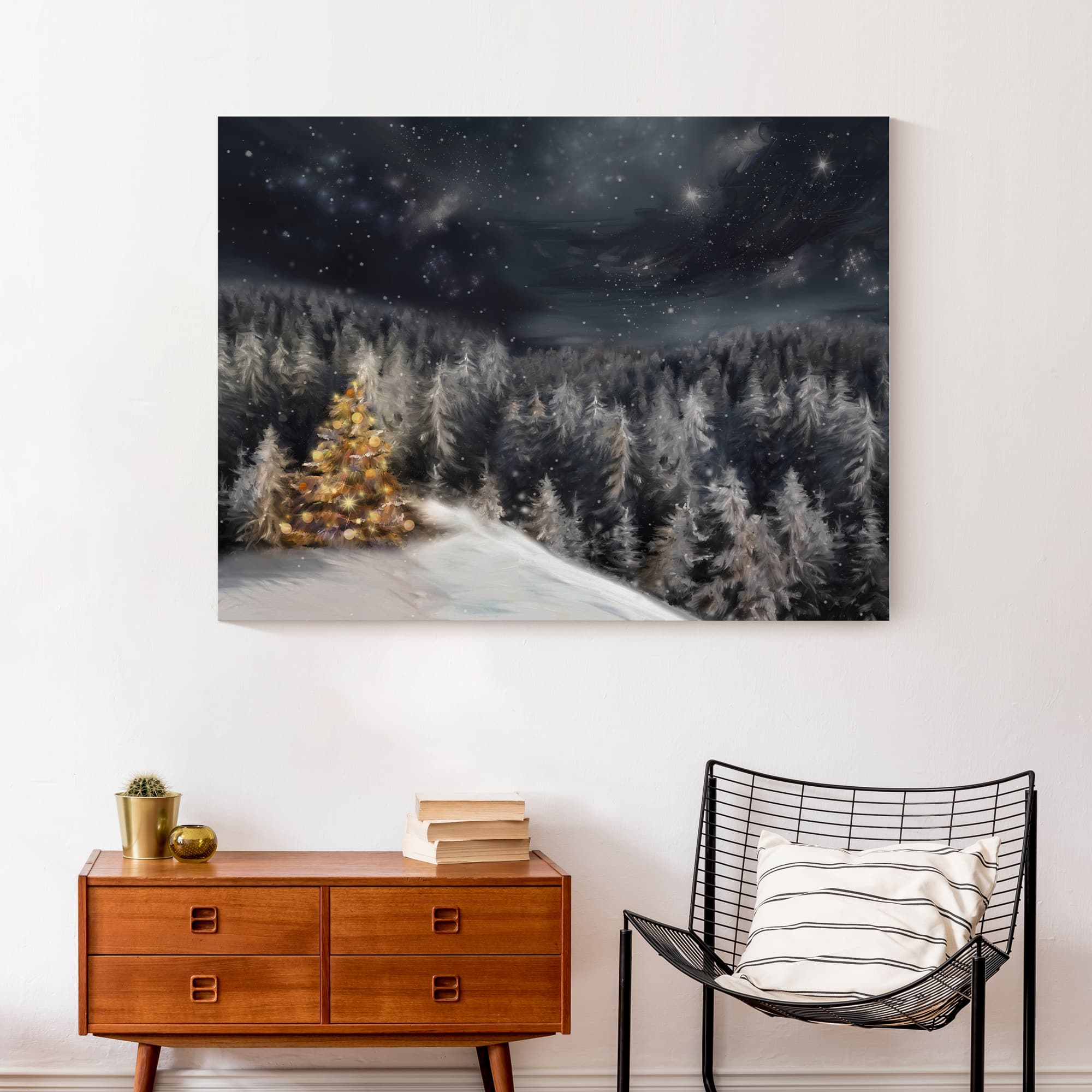 Lit Tree Winter Landscape Canvas Wall Art