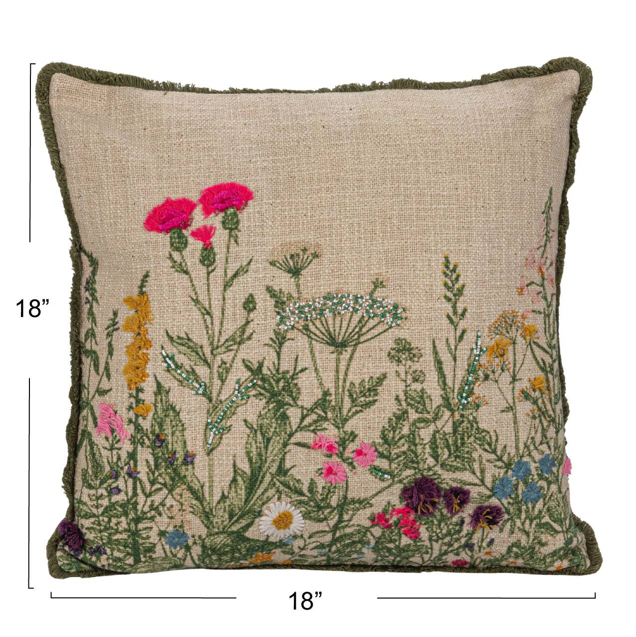 Hello Honey&#xAE; 18&#x22; Multicolor Flower Embroidery, Beads &#x26; Lace Trim Cotton Slub Pillow