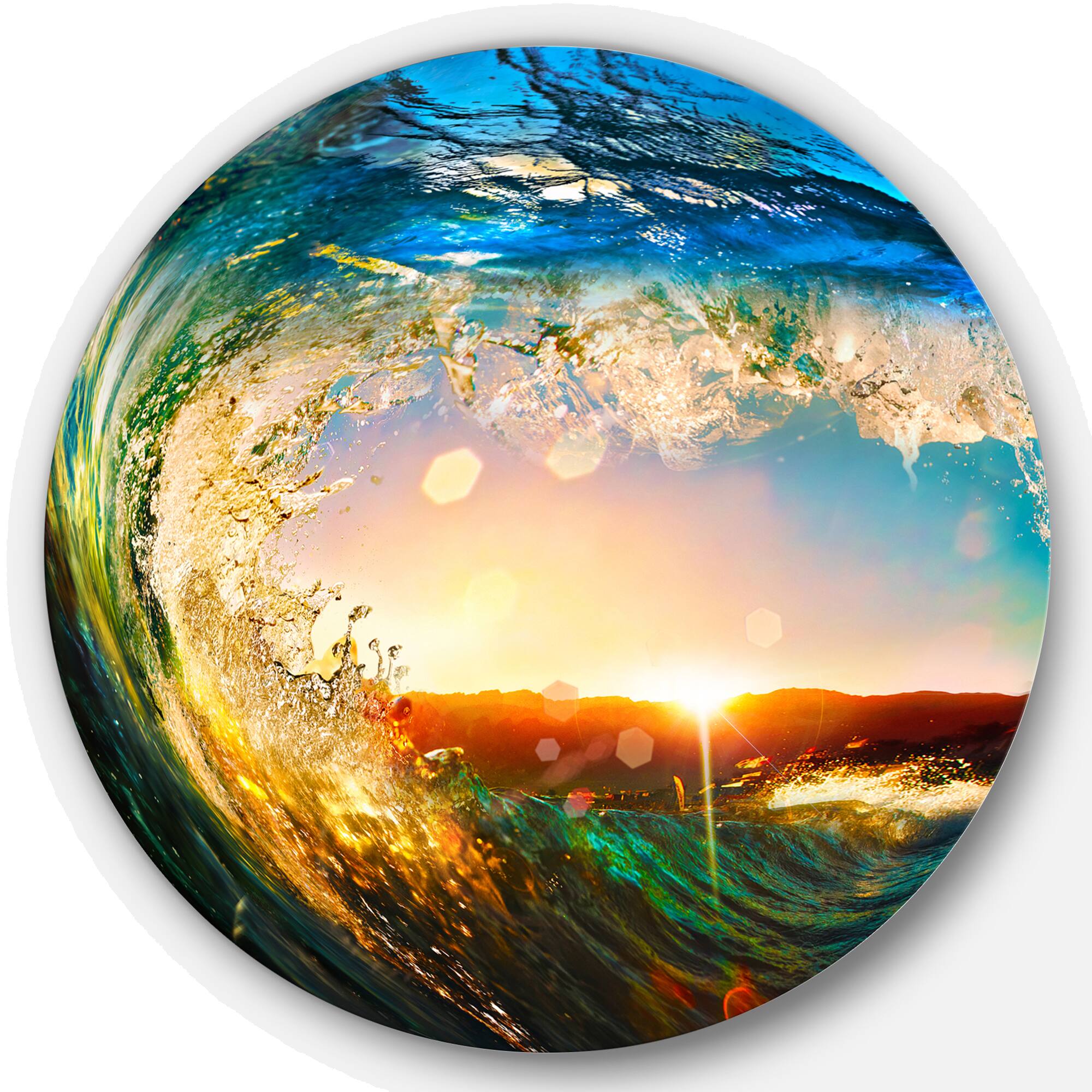 Designart Colored Ocean Seashore Waves Falling Down Metal Circle Wall Art