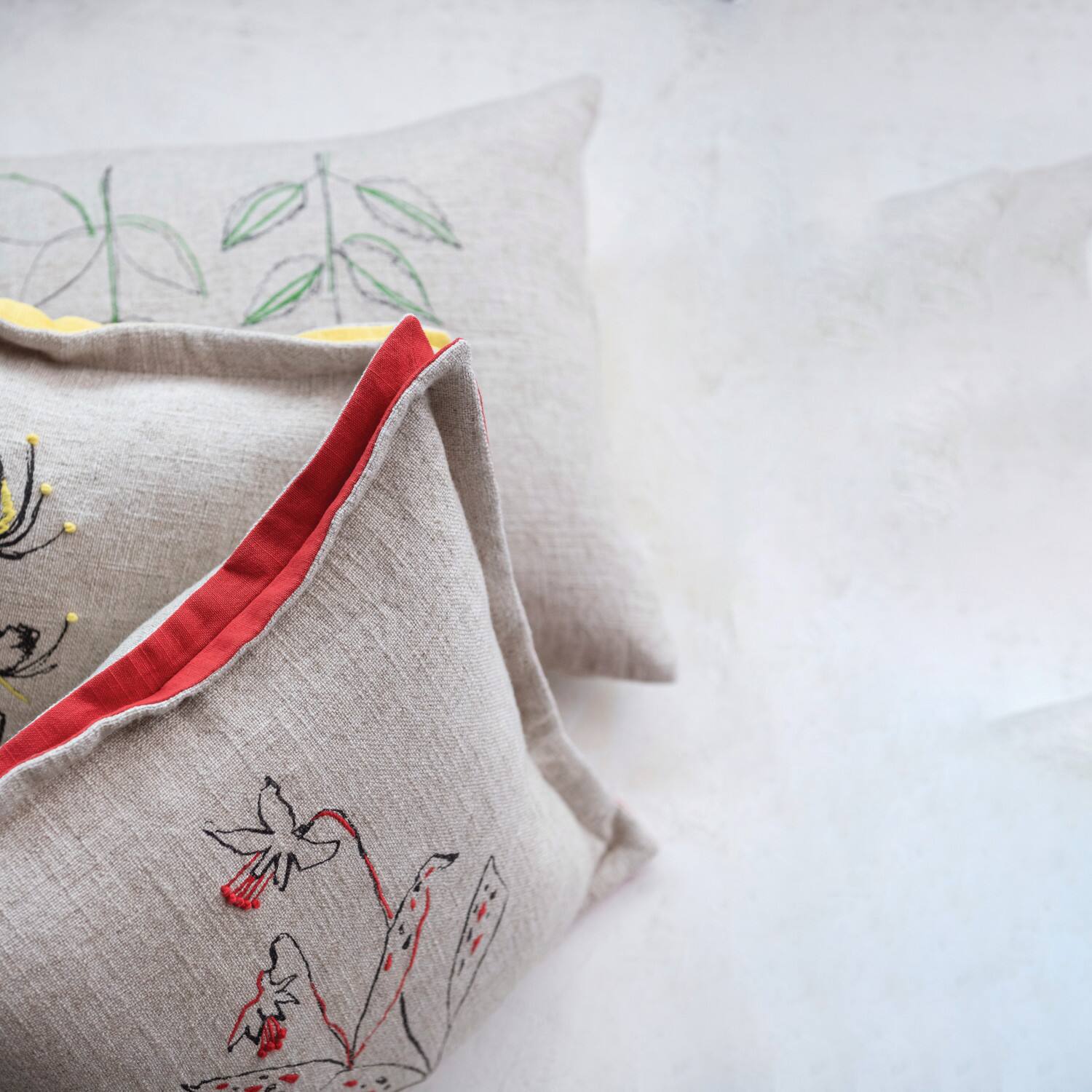 Hand-Embroidered Botanicals Linen Blend Lumbar Pillow with Kantha Stitch &#x26; Flanged Edge