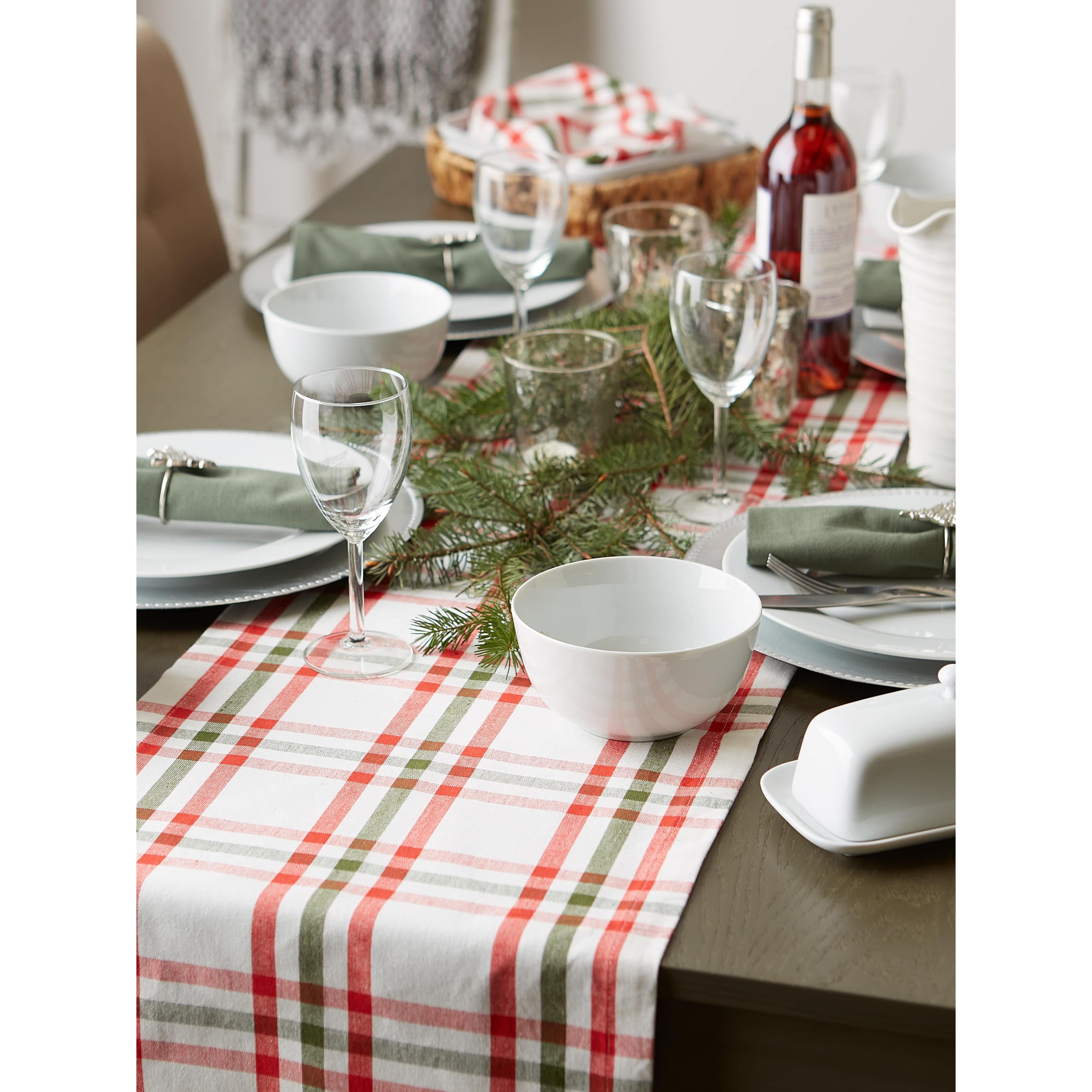 DII&#xAE; 108&#x22; Jolly Tree Collection Nutcracker Plaid Table Runner