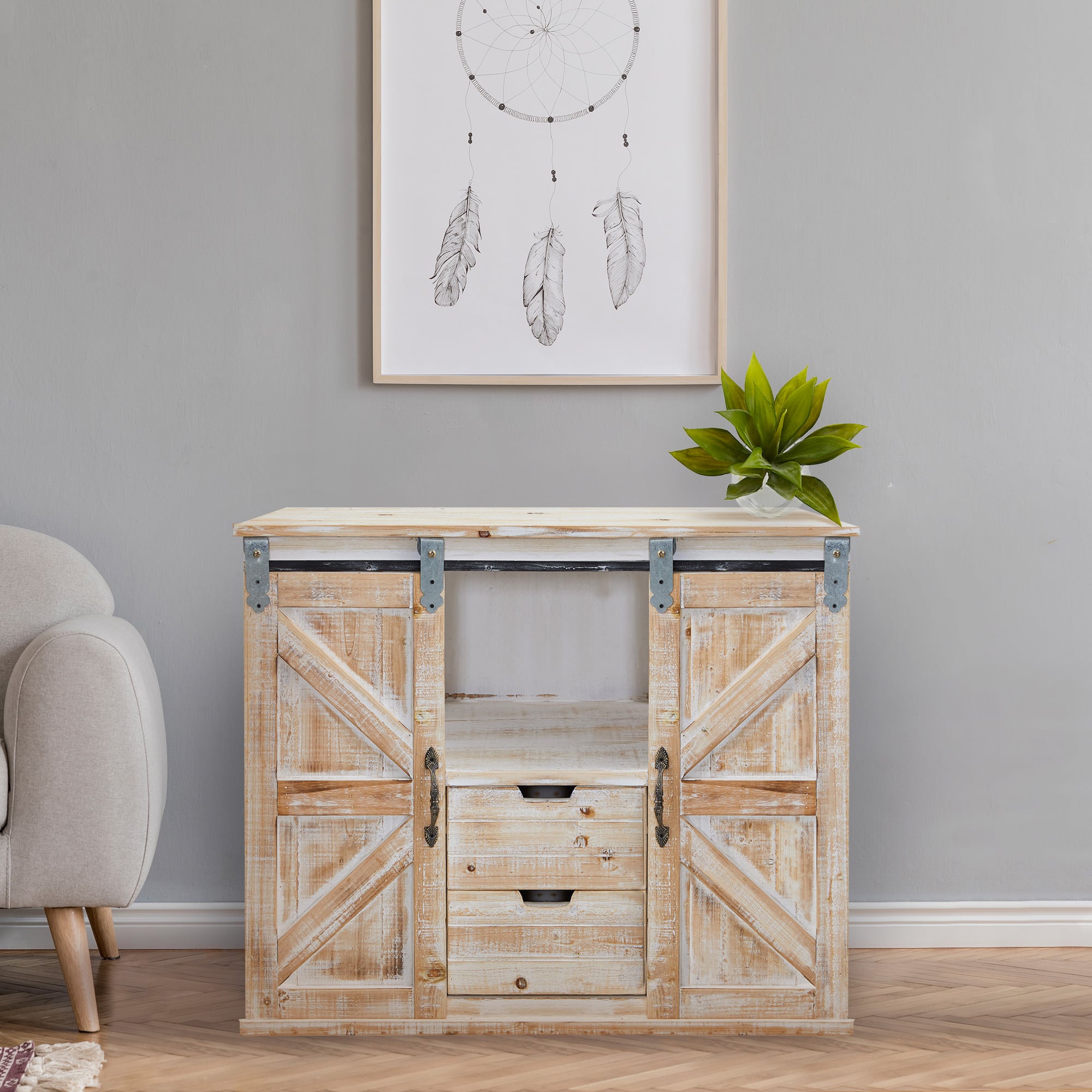 2.5ft. White Wash Wide Double Barn Door Console