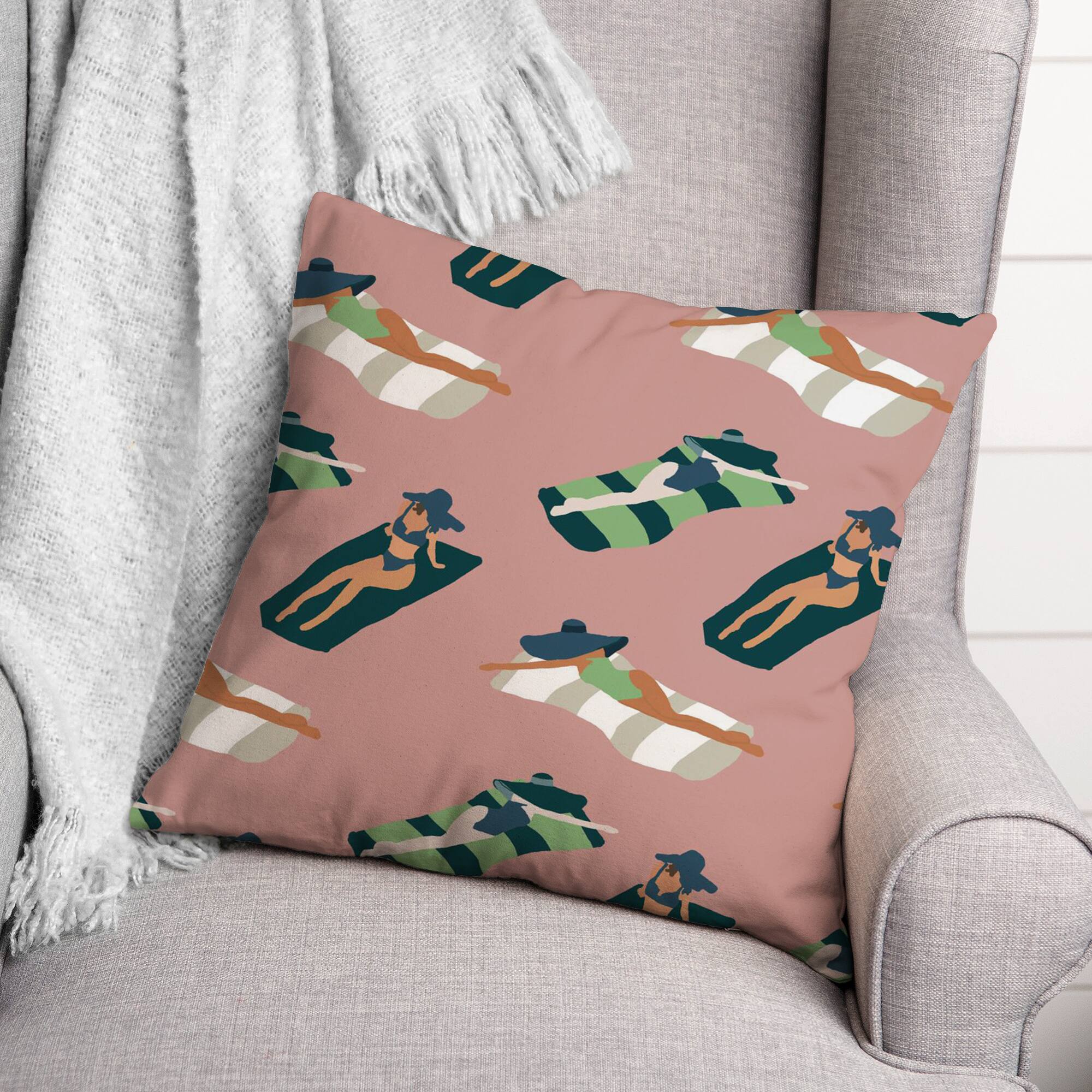 Pink Sun Bathers Pattern Throw Pillow