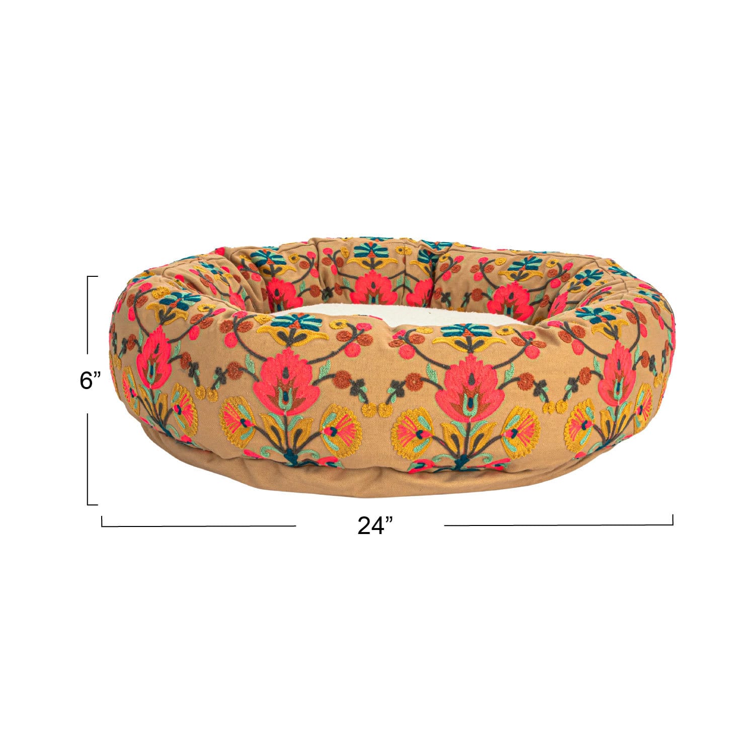 Hello Honey® 24" Pink & Brown Round Cotton Embroidered Sherpa Pet Bed
