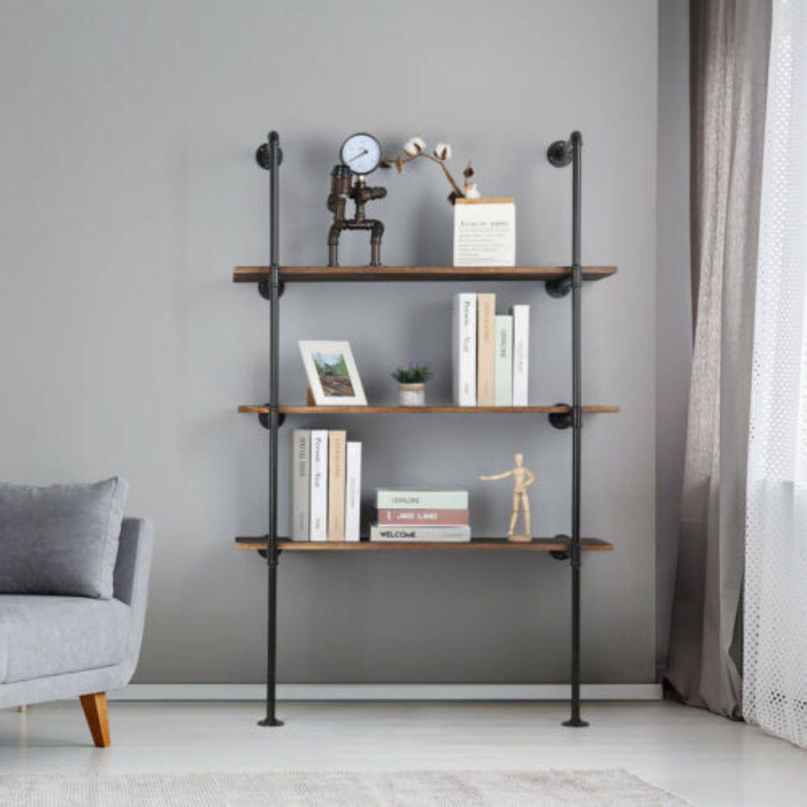 NEX™ 55" Black DIY Industrial Wall-Mounted Iron Pipe Open Bookshelf