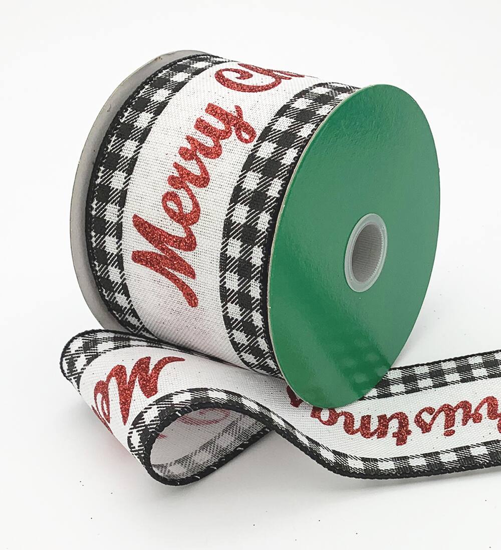 JAM Paper 2.5" x 10yd. Black & White Merry Christmas Glitter Gingham Wired Ribbon