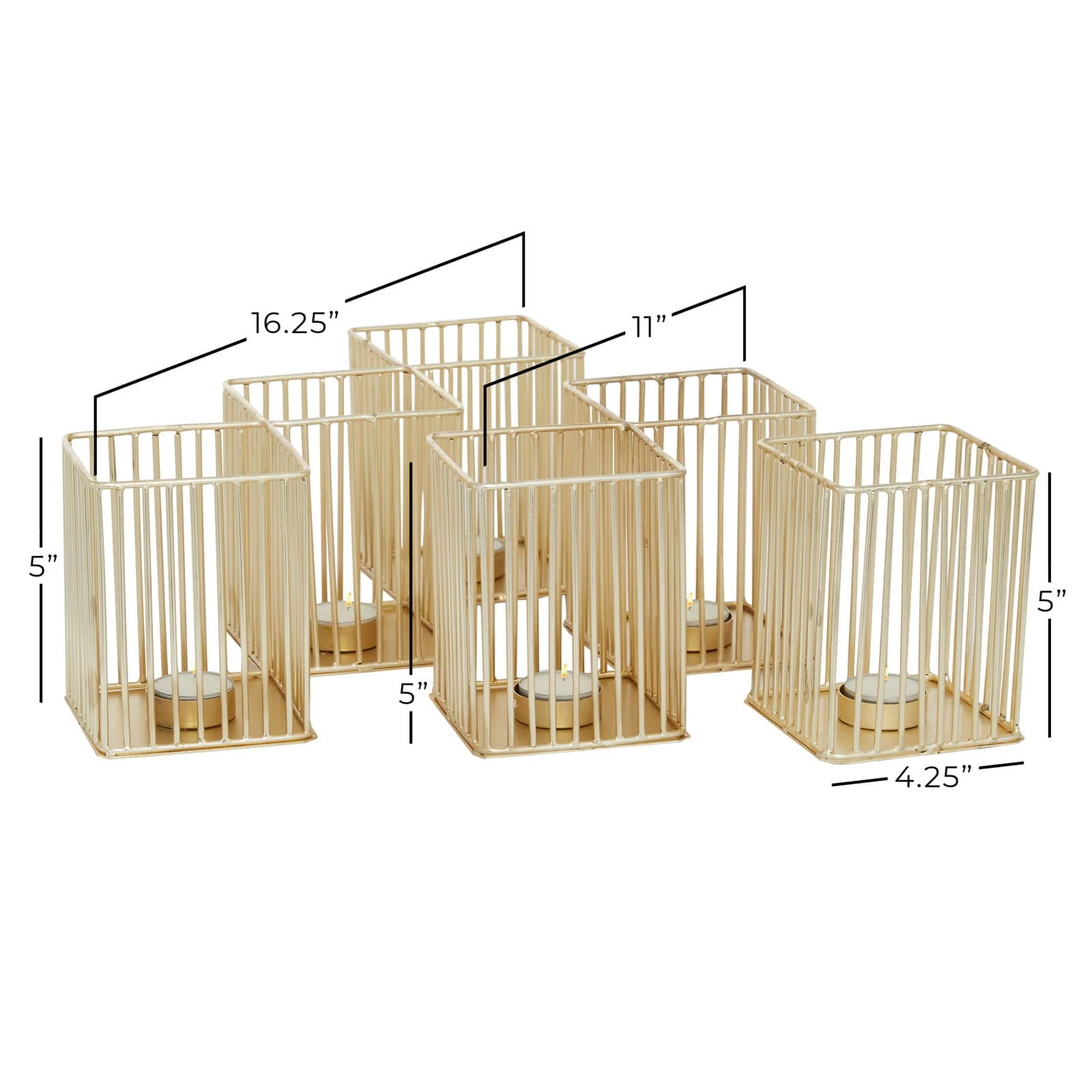 Set of 3 Gold Metal Modern Candle Holder, 4.25&#x22;, 11&#x22;, 16.25&#x22;
