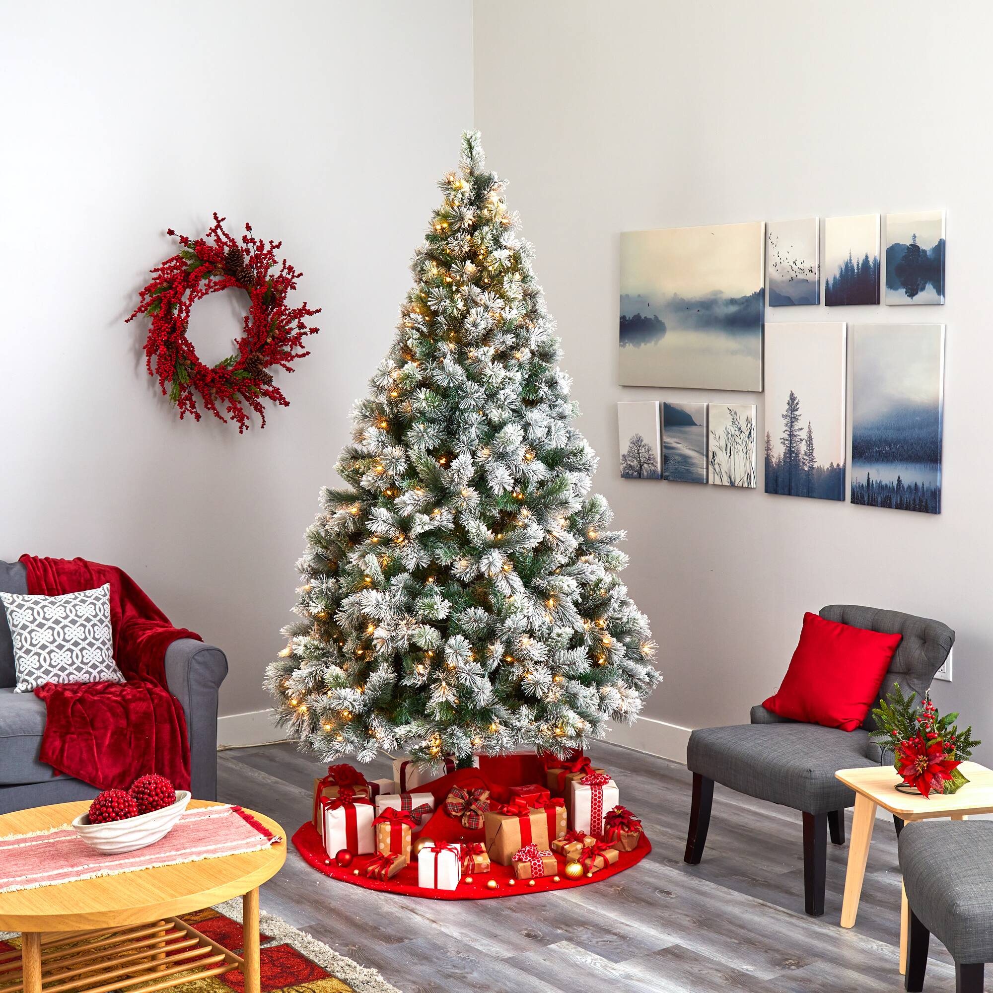 8ft. Pre-Lit Flocked Oregon Pine Artificial Christmas Tree, Clear LED Lights