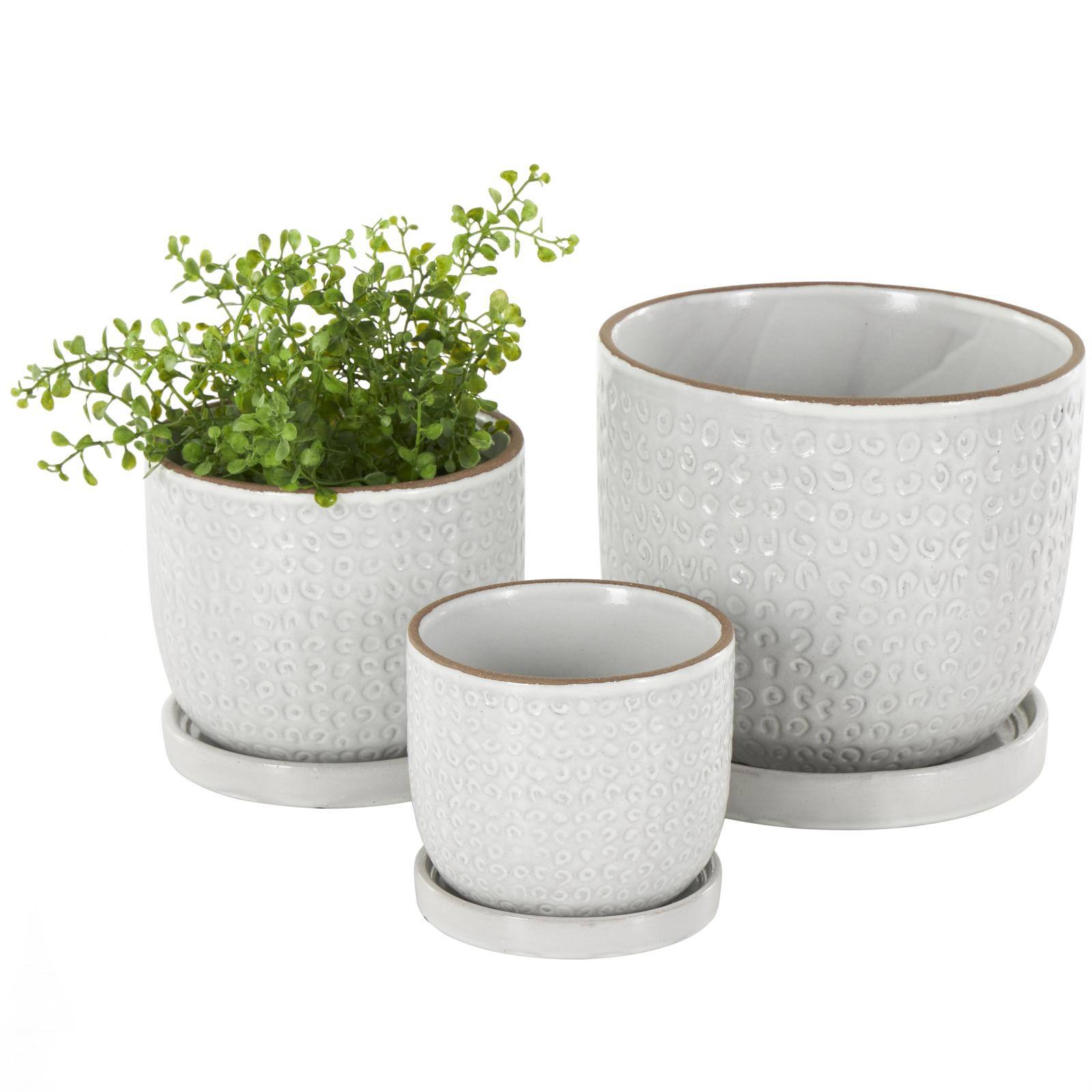 White Abstract Circle Pattern Ceramic Planter Set