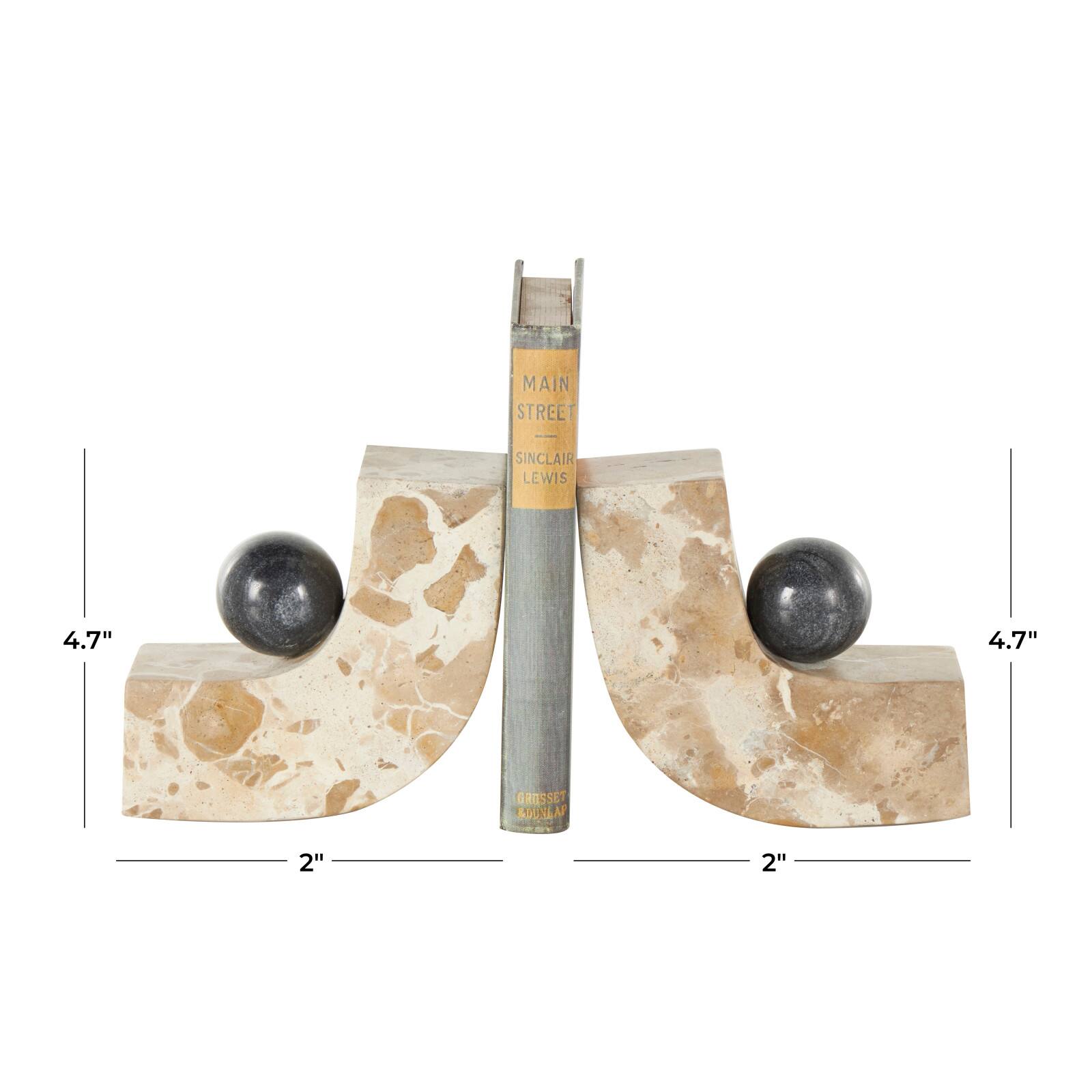 5&#x22; Brown Marble Arched Curved Bookends with Black Orbs, 2ct