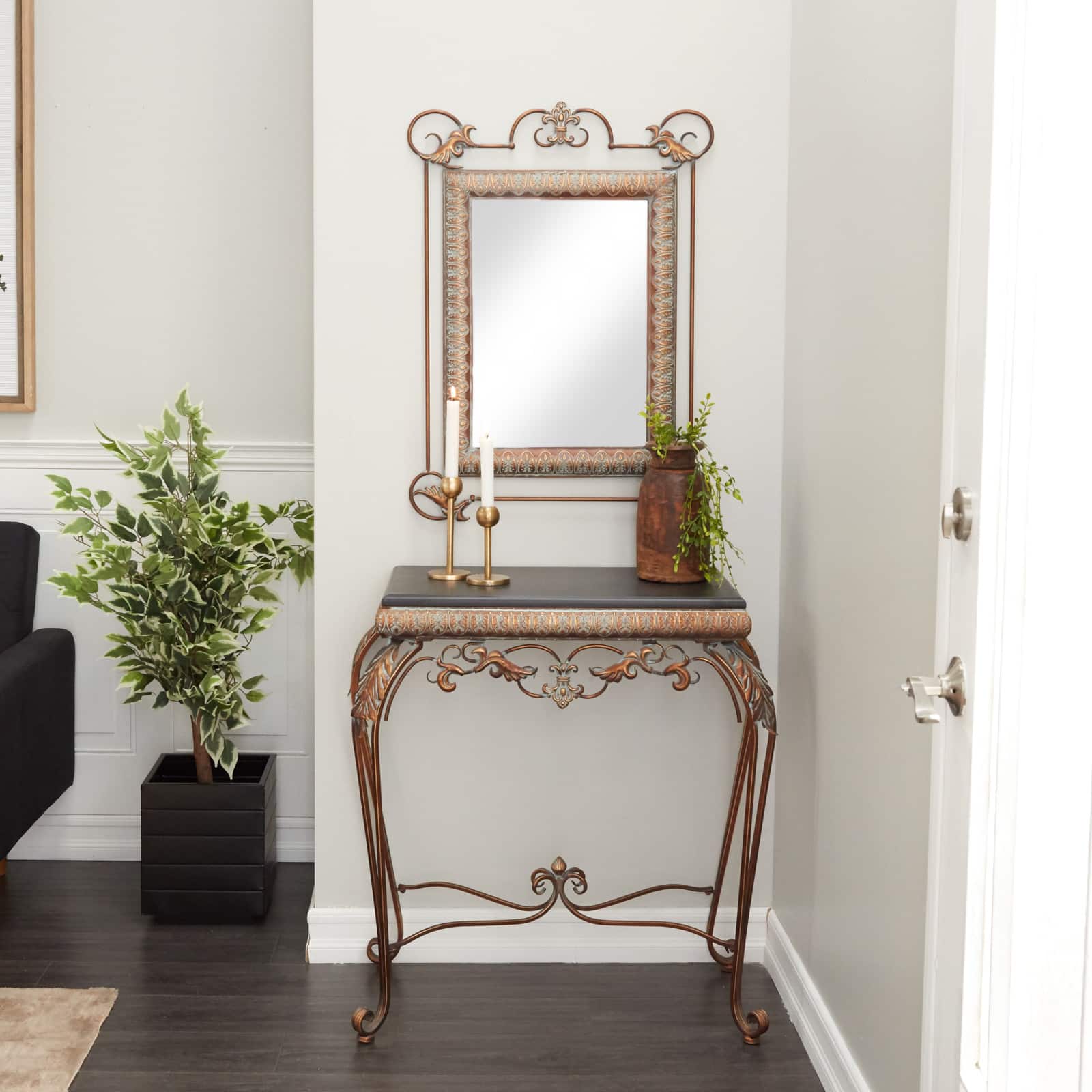 Set of 2" Bronze Metal Traditional Console Table with Mirror, 32" x 23"