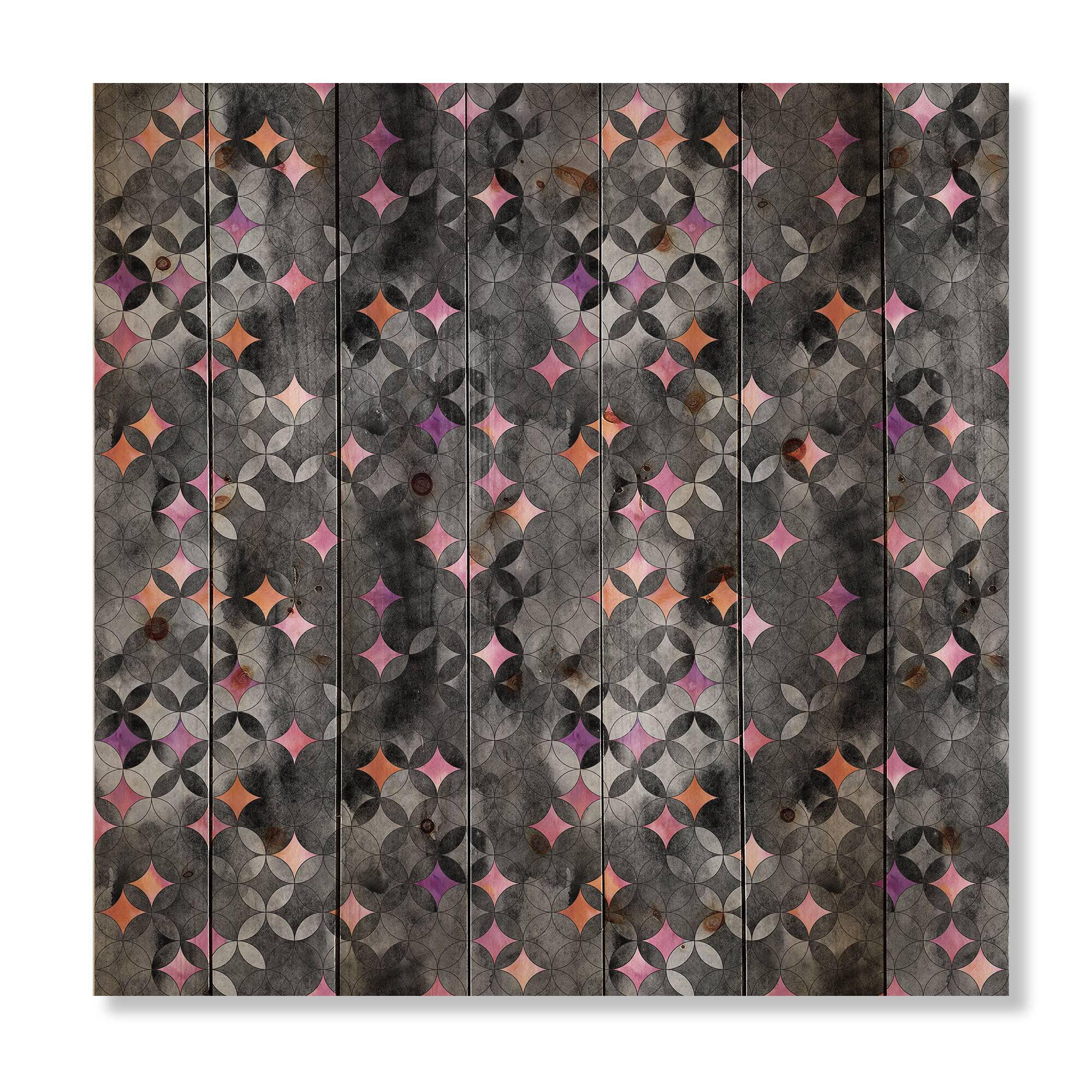Designart - Geometry Intersecting Circles With Pink Stars - Modern Print on Natural Pine Wood