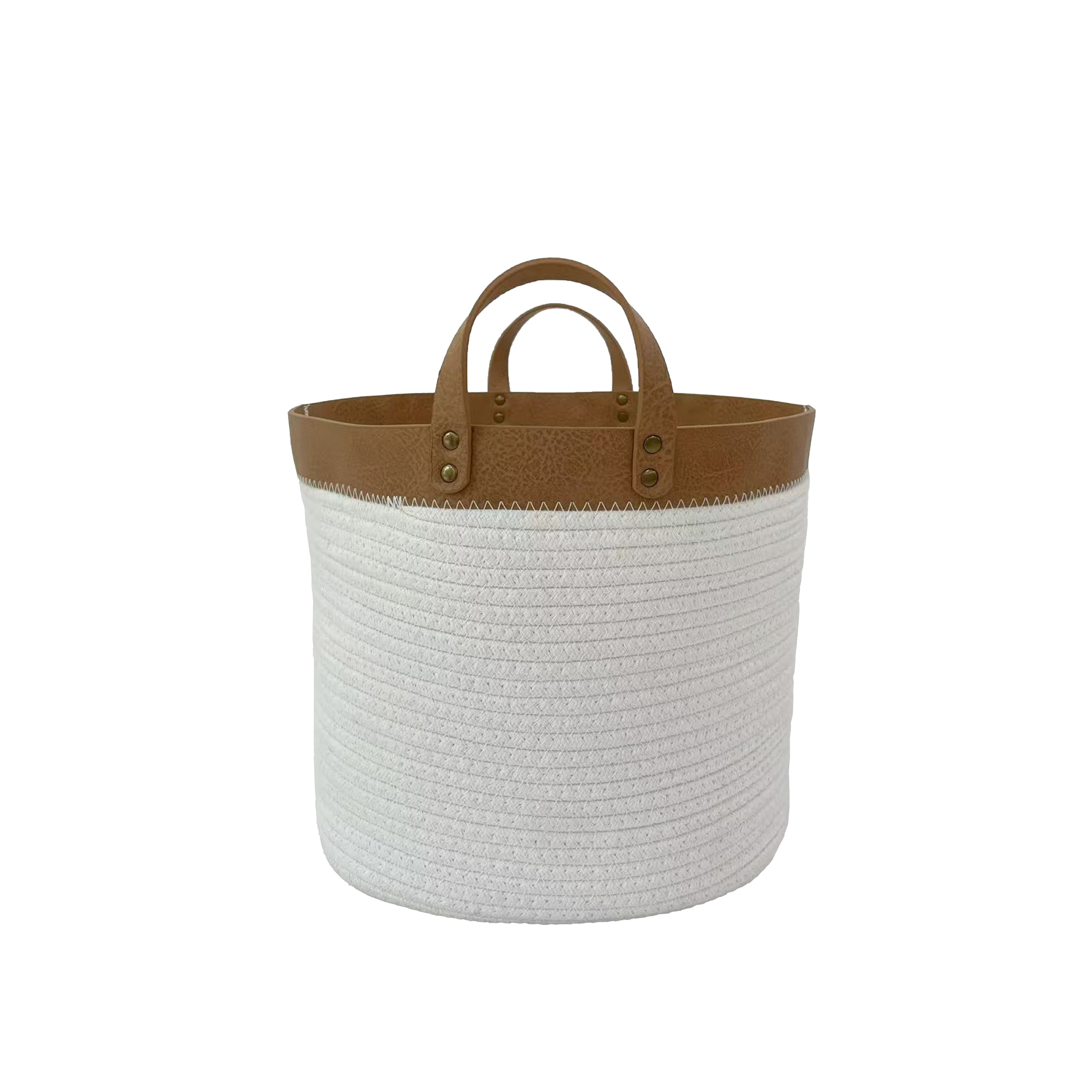 White Fabric Rope Basket with Brown Faux Leather Brim by Ashland&#xAE;