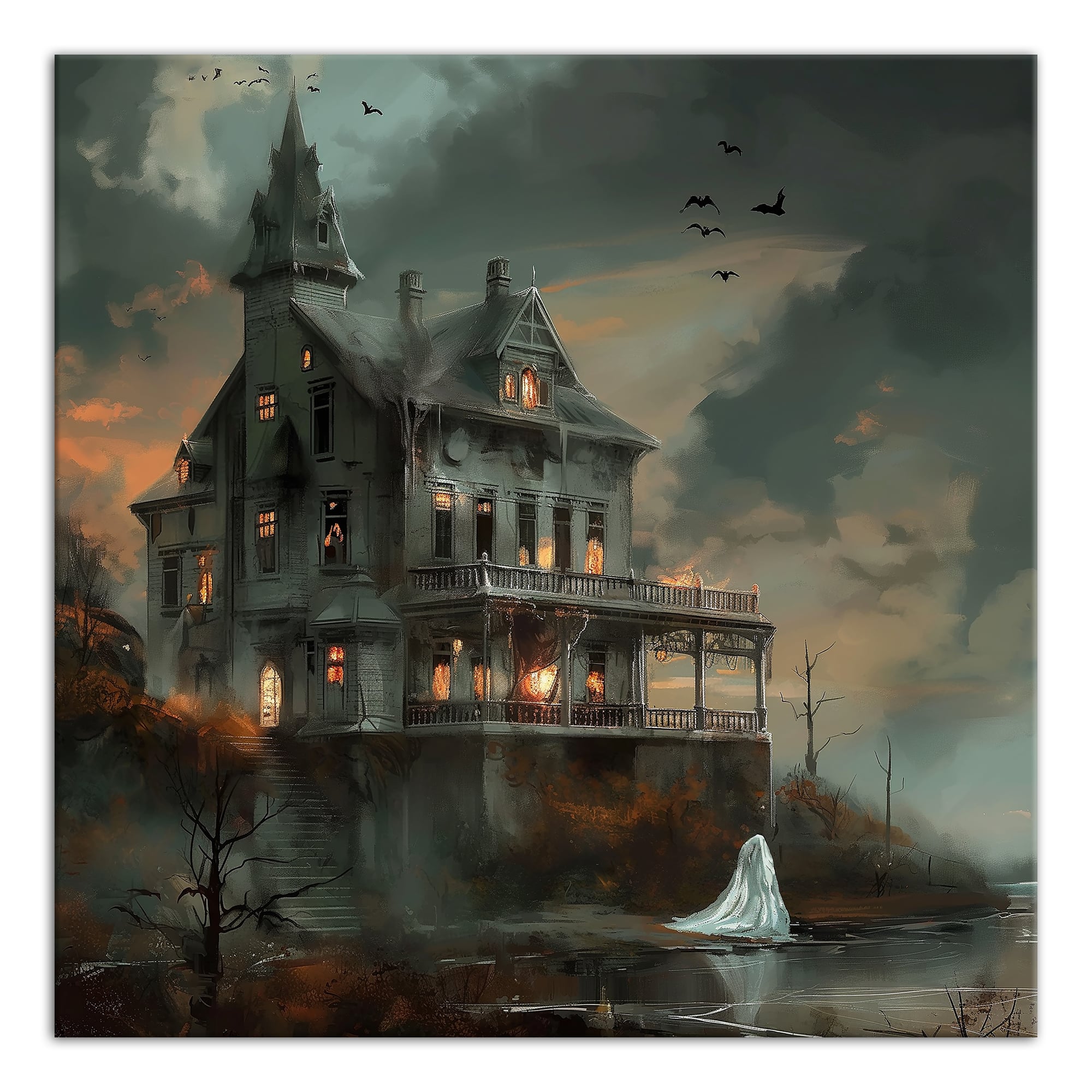 Haunted Lakeside Mansion 16&#x22; x 16&#x22; Canvas Wall Art