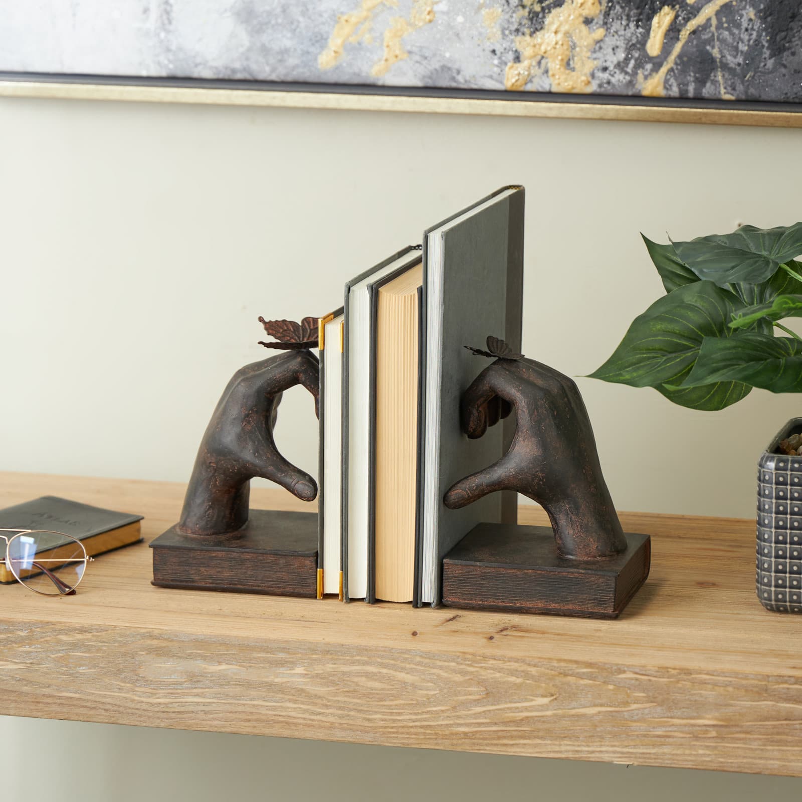 7.5&#x22; Dark Brown Hands Heart Inspired Decorative Bookend Set with Butterfly &#x26; Copper Accents