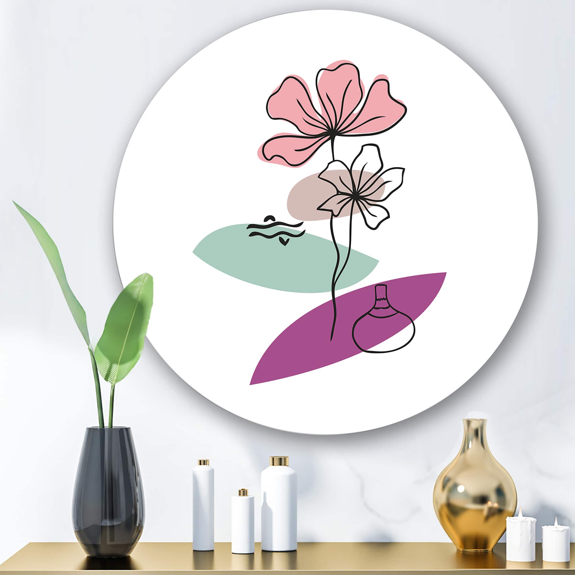 Designart - Elementary Shapes With Abstract Flowers Plants IV - Modern Metal Circle Wall Art