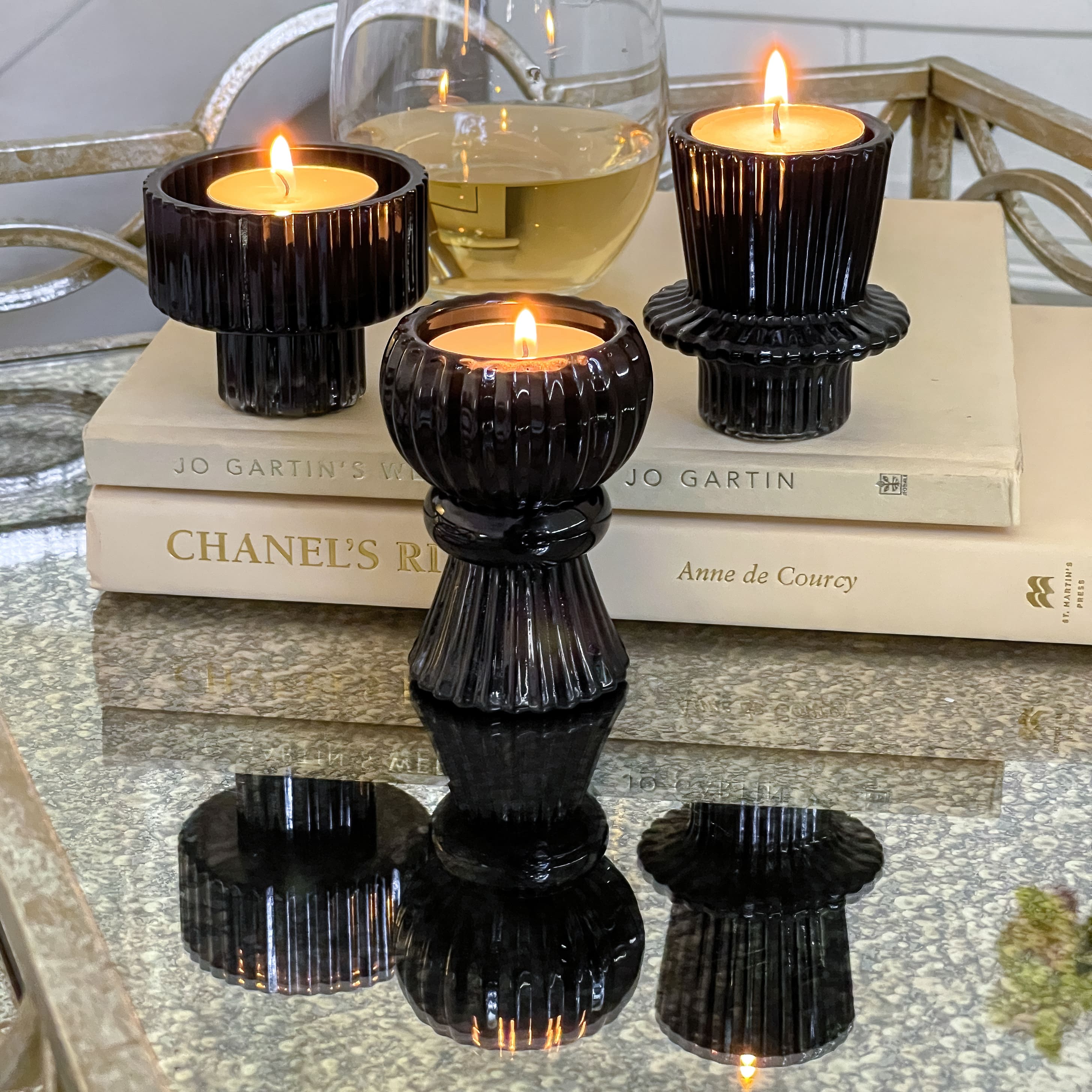 Kate Aspen® Assorted Vintage Ribbed Black Glass Candlestick Candle Holder Set