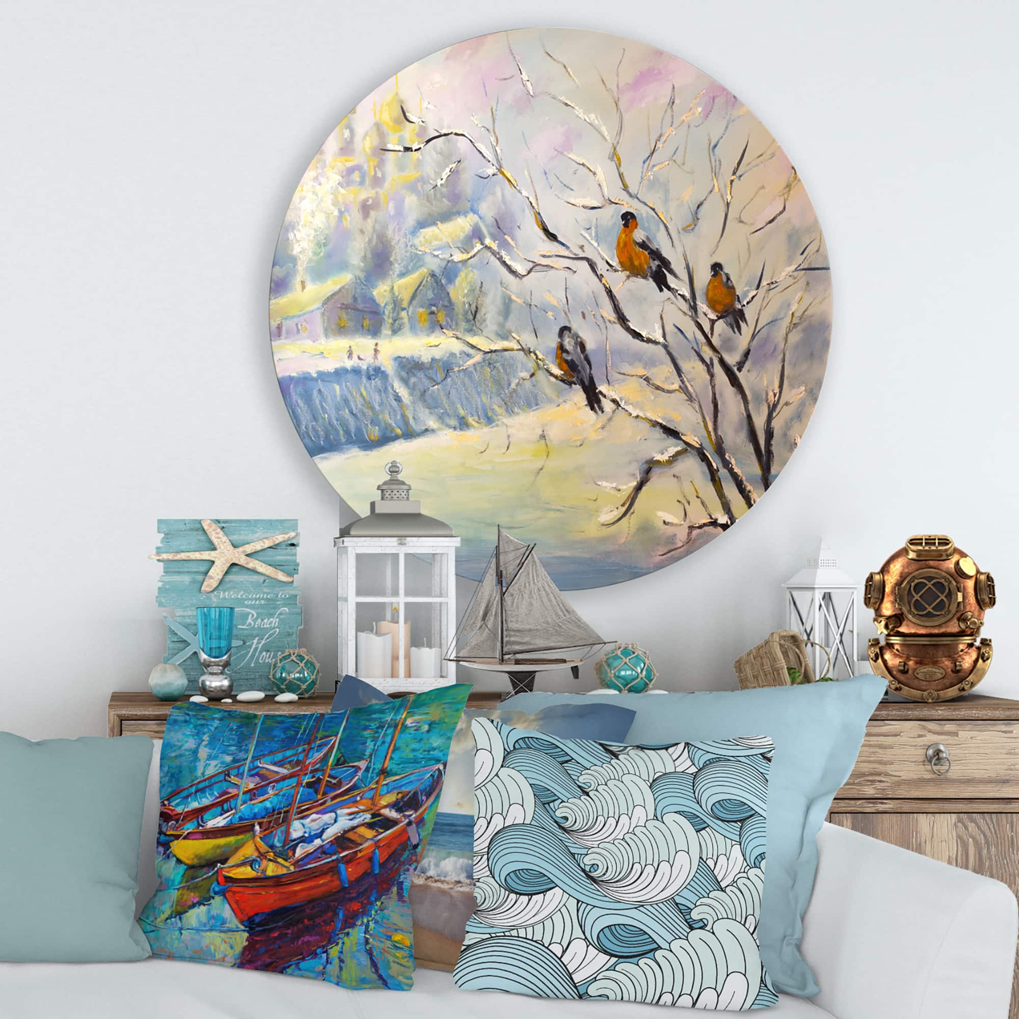 Designart - Rustic Birds On A Tree In Winter Village - Farmhouse Metal Circle Wall Art