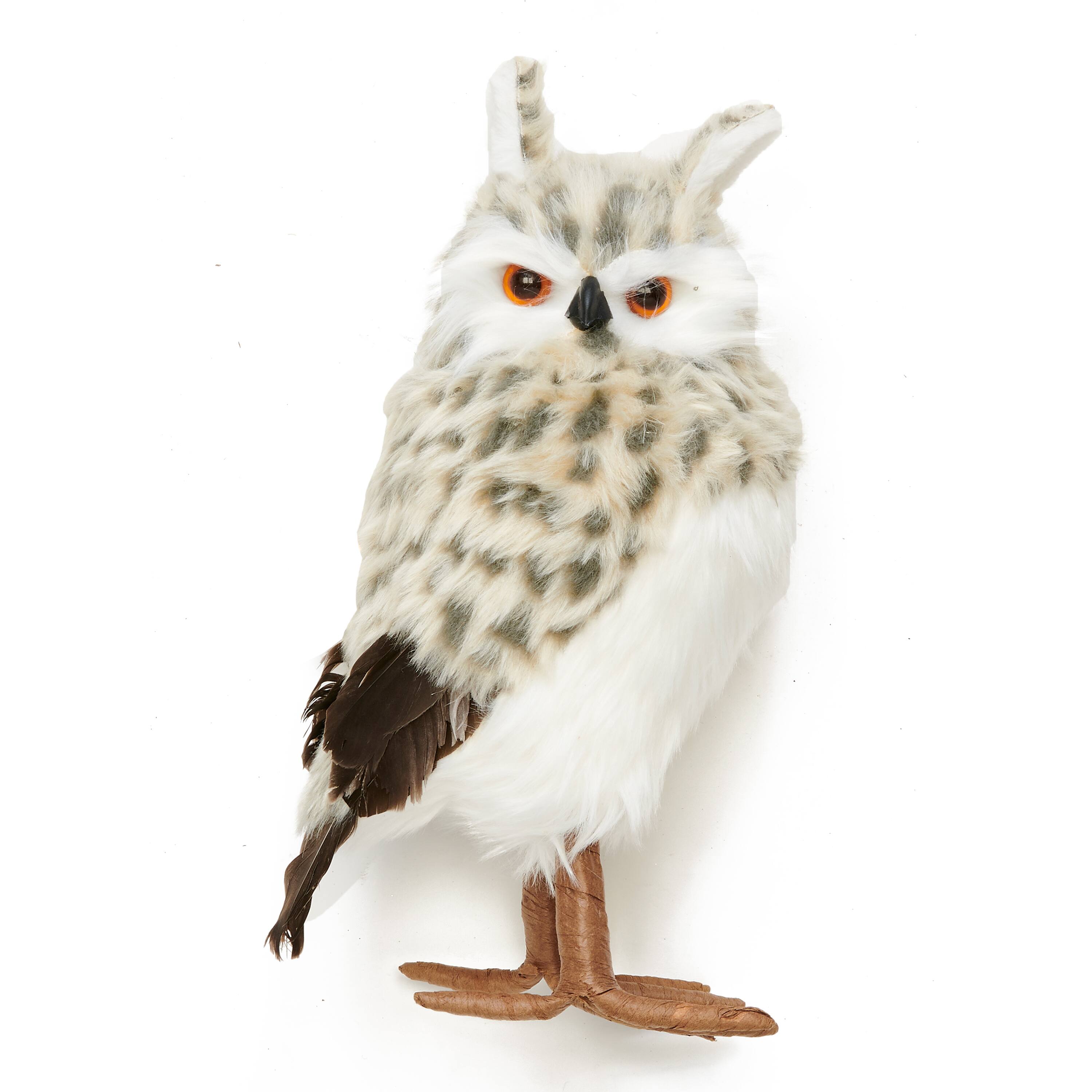 14" Artificial Standing Spotted Snow Owl
