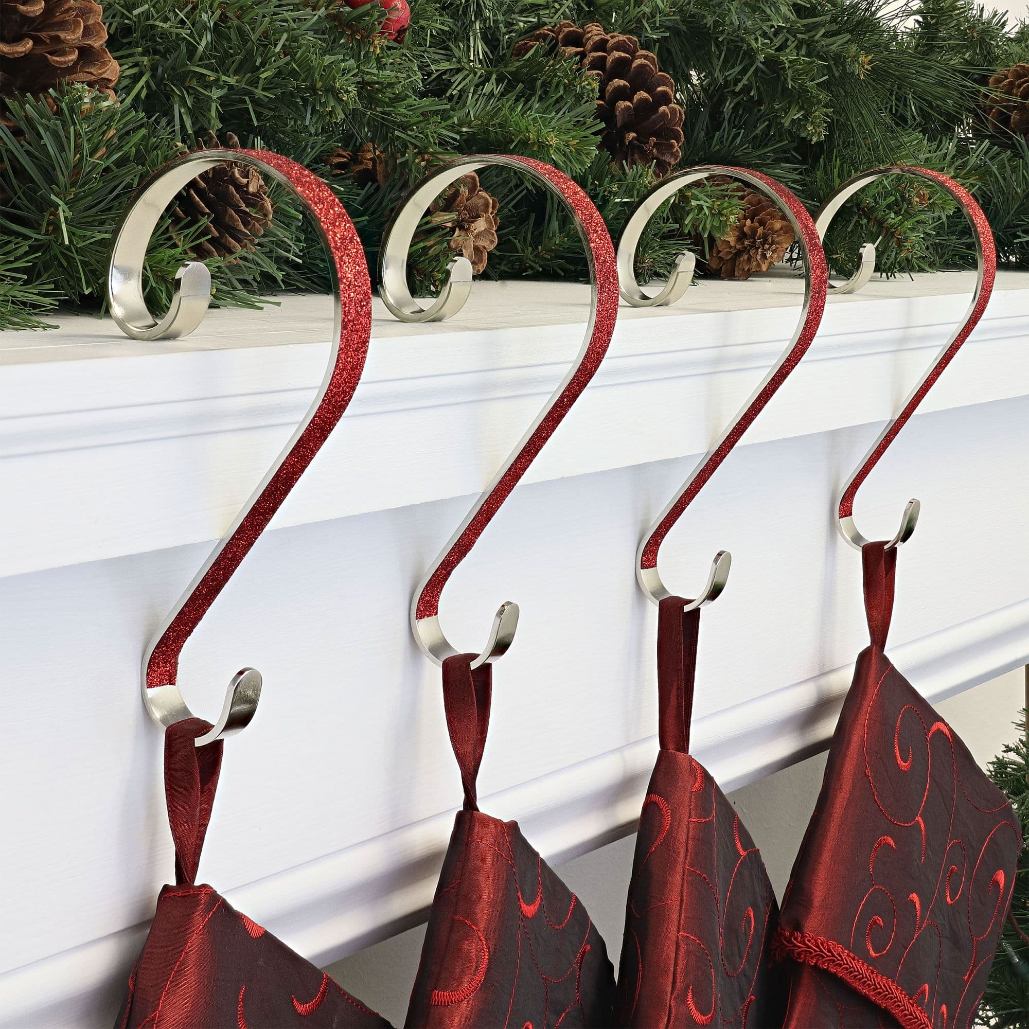Haute Decor Stocking Scroll® Red Glitter Stocking Holders, 4ct.