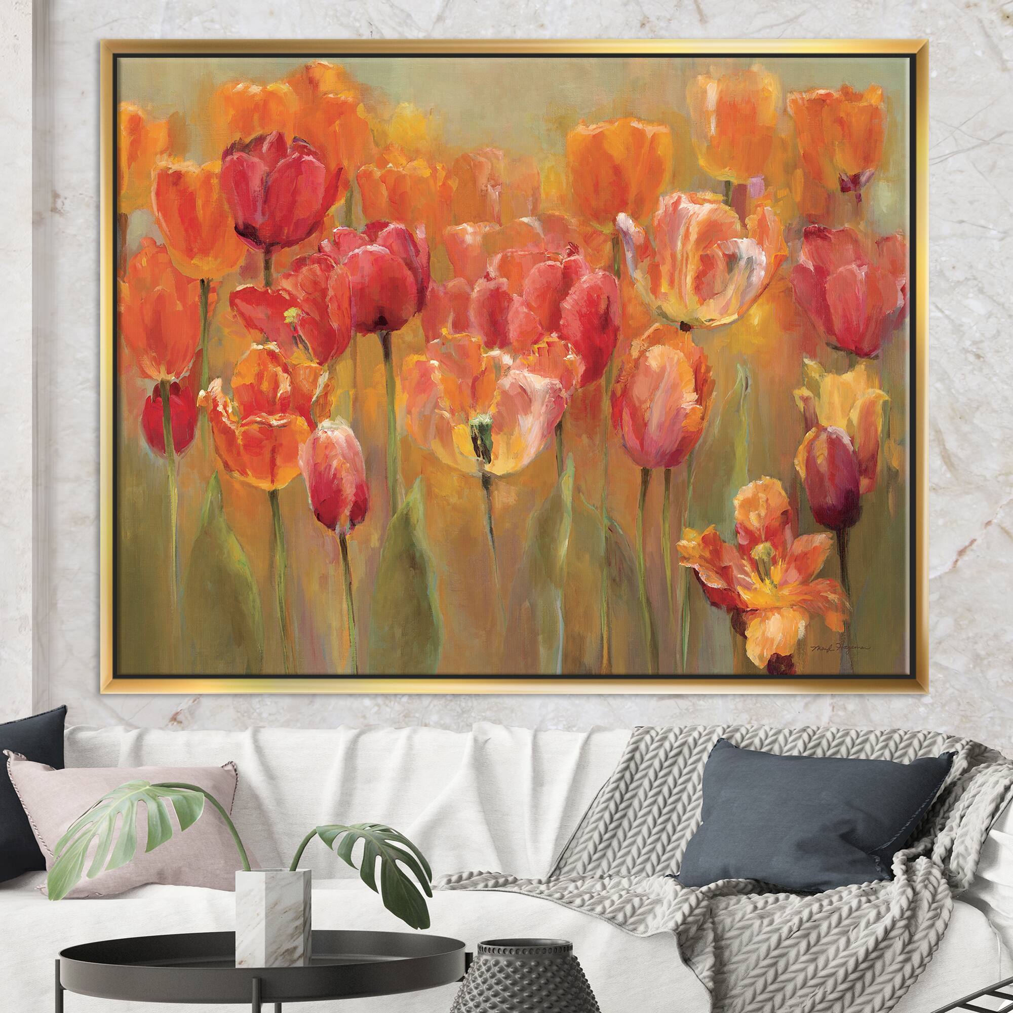 Designart - Red Handpainted Tulips - Traditional Canvas in Gold Frame