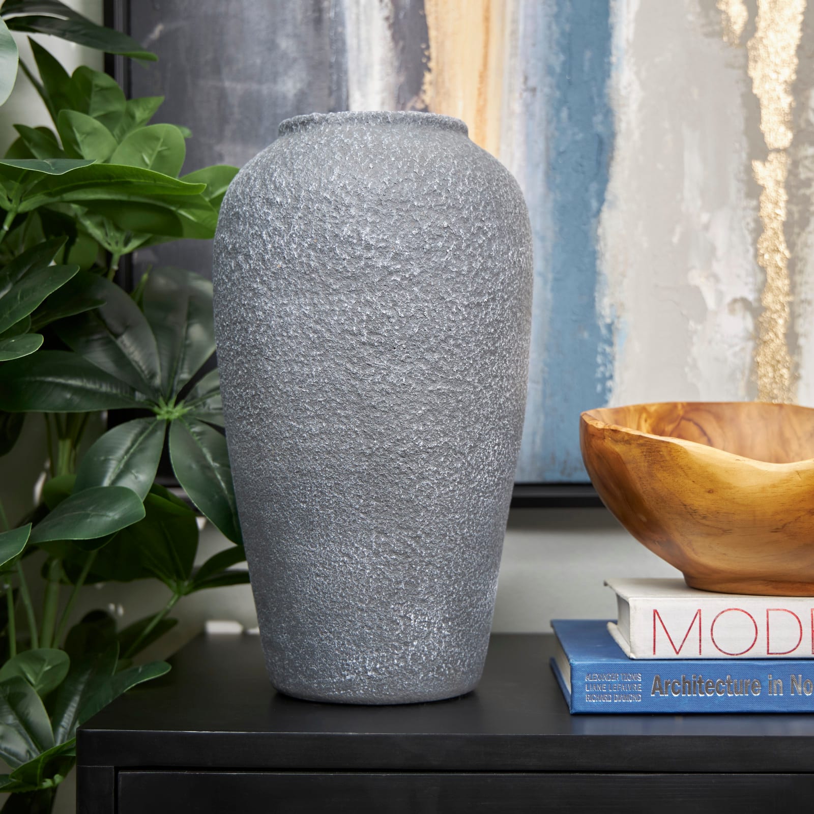 15" Black Ceramic Whitewashed Textured Vase