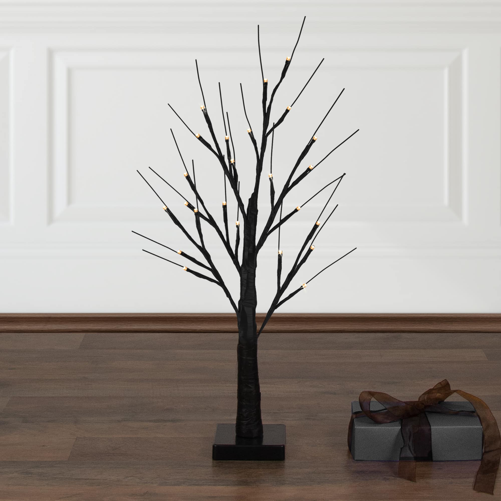 24" LED Lighted Black Halloween Twig Tree, Warm White Lights