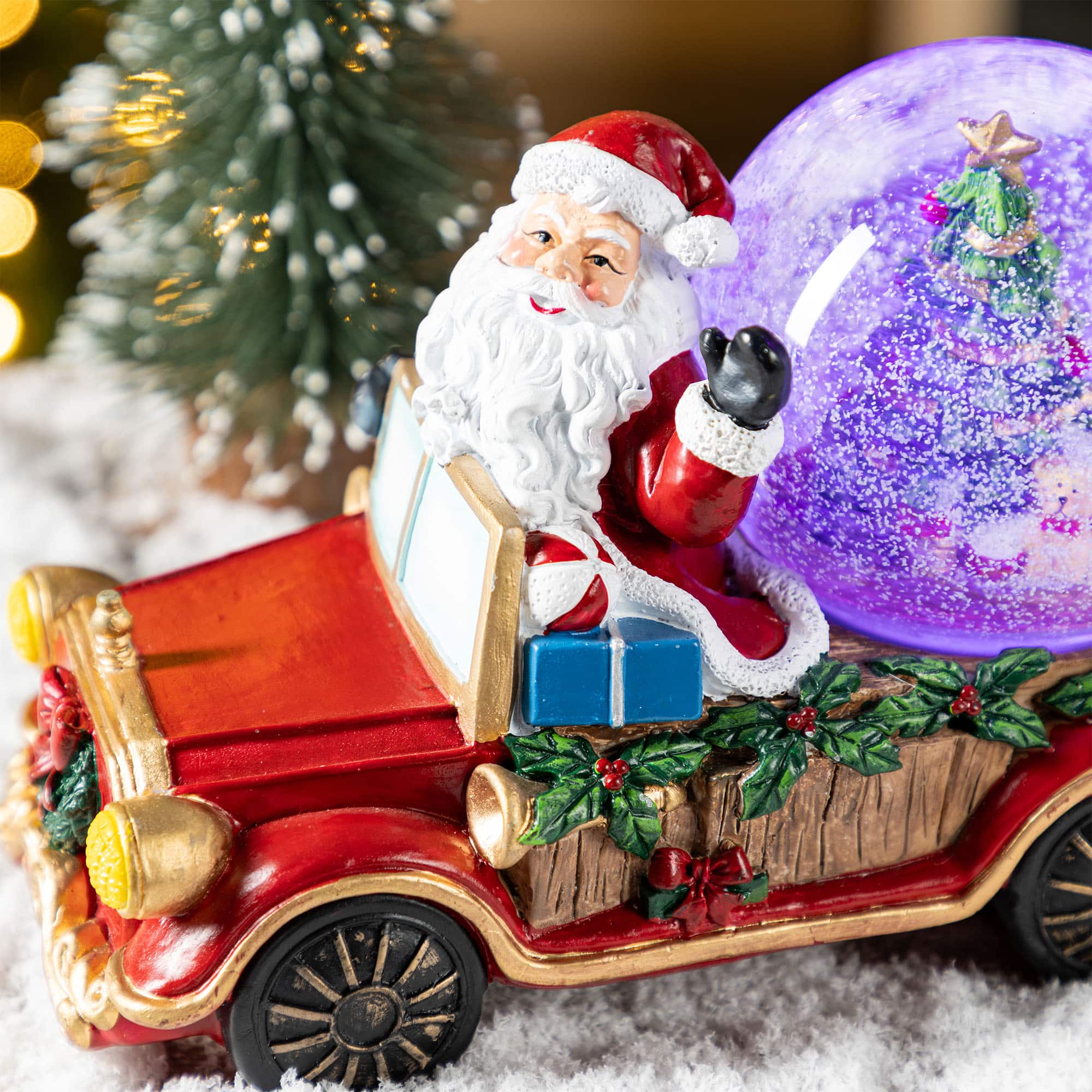 Glitzhome&#xAE; 100mm Christmas Resin Lighted Musical Snowflakes Santa Car Waterglobe
