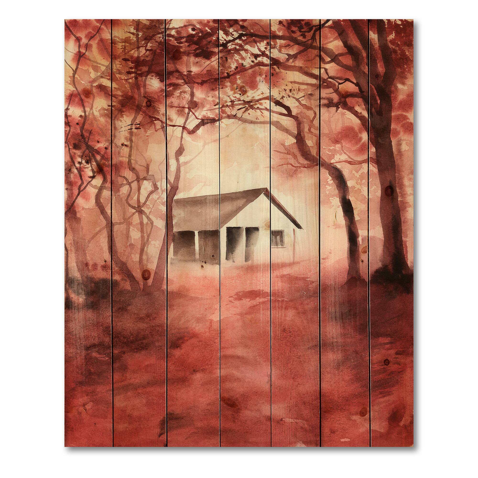 Designart - House In Red Autumn Woods - Cabin & Lodge Print on Natural Pine Wood